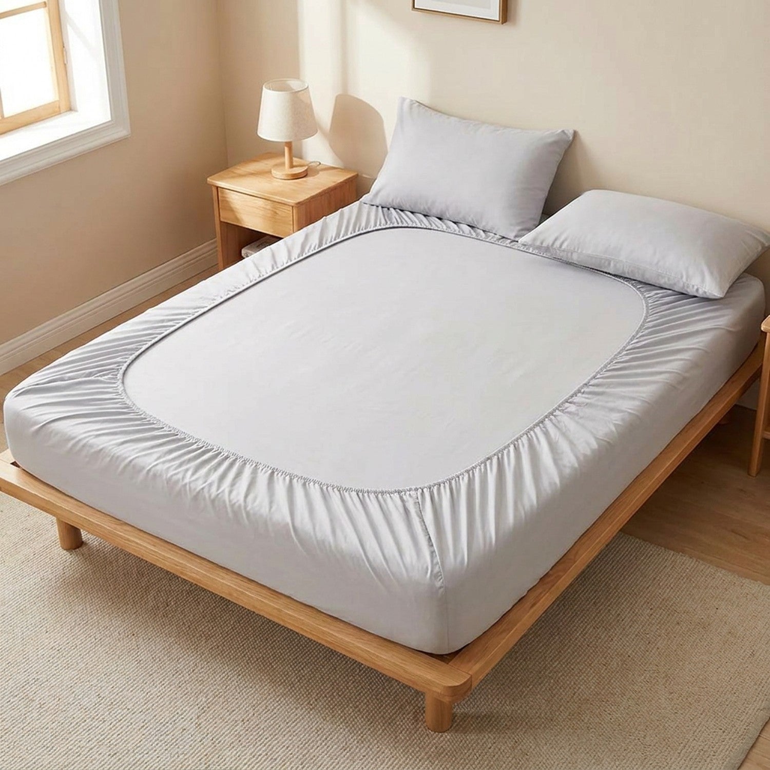 drap-housse en coton argenté sur un lit