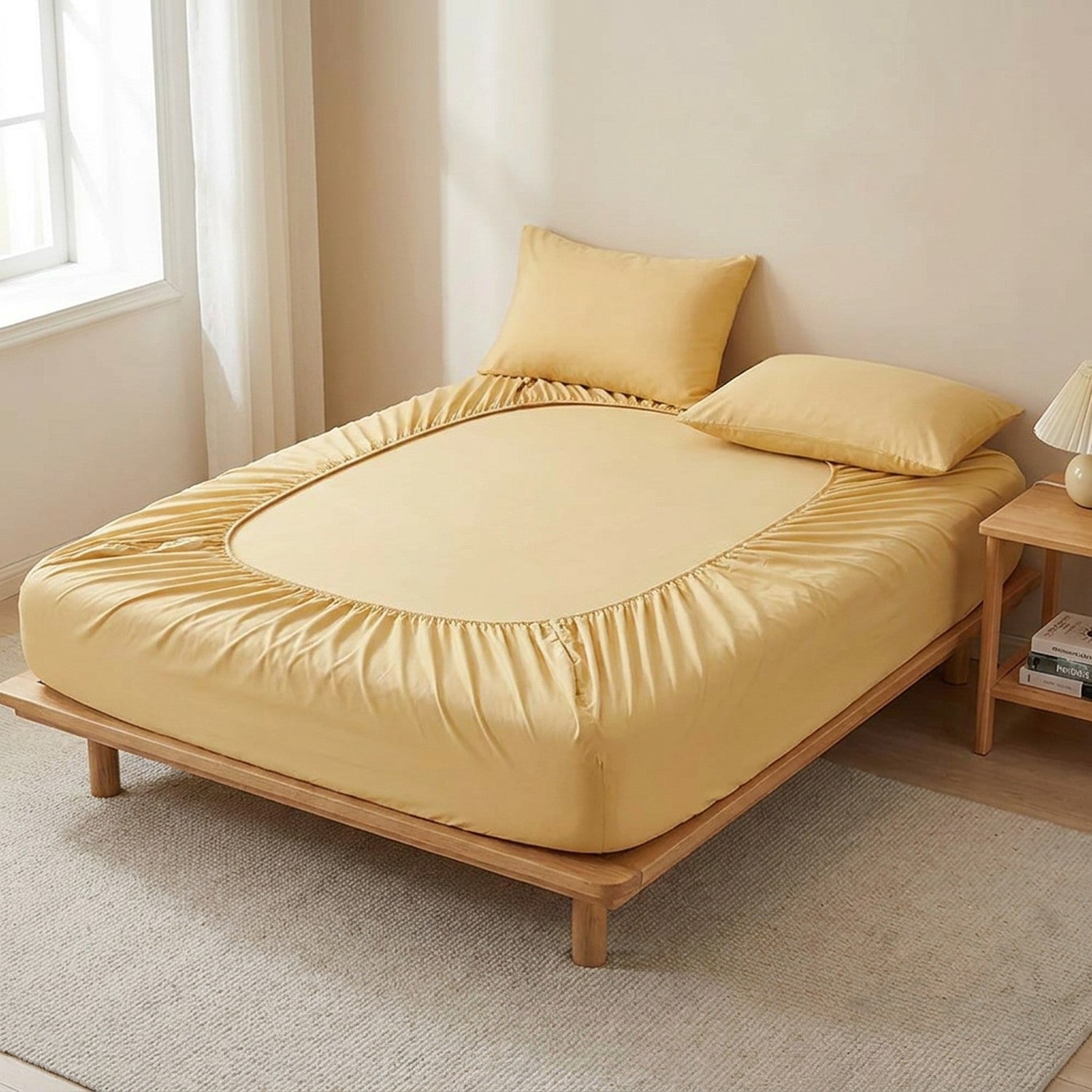 drap-housse en coton jaune sur un lit