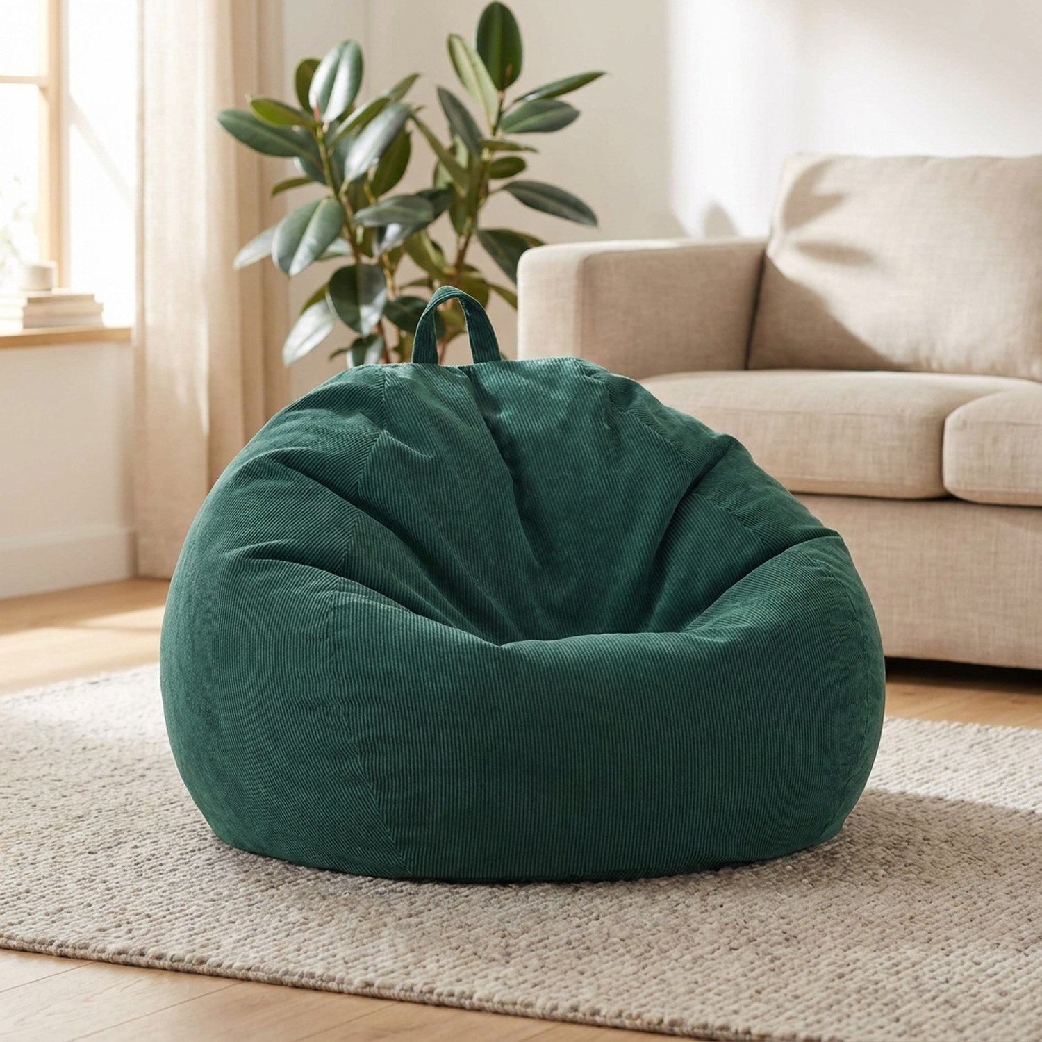 Housse de pouf poire en velours côtelé vert foncé dans un salon cosy