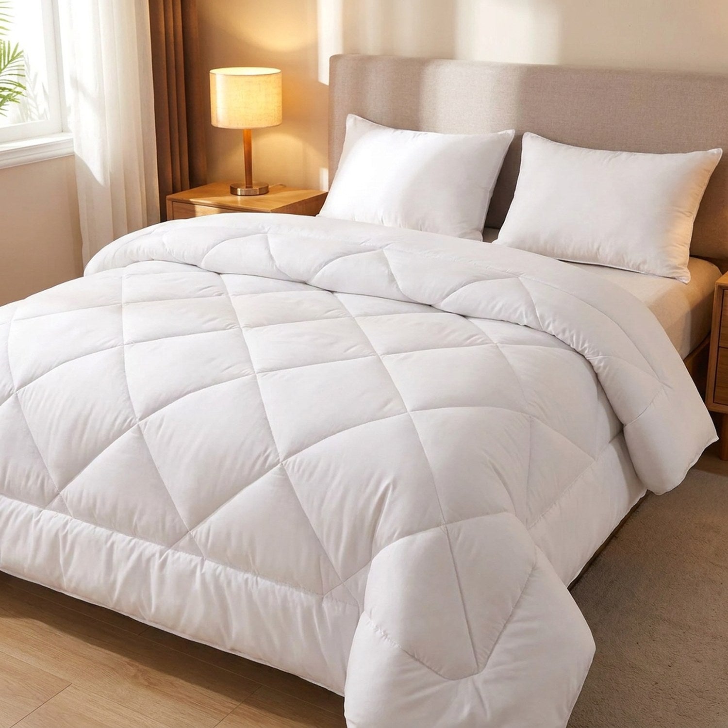 Couette en laine épaisse et matelassée de couleur blanche posée sur un lit fait dans une chambre chaleureuse