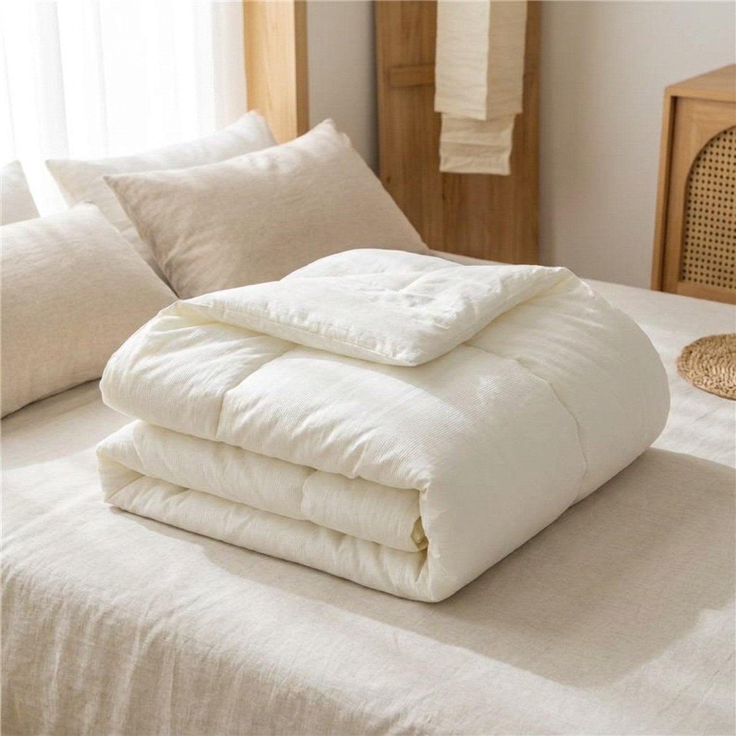 Couette matelassée blanche version été légère pliée sur un lit clair