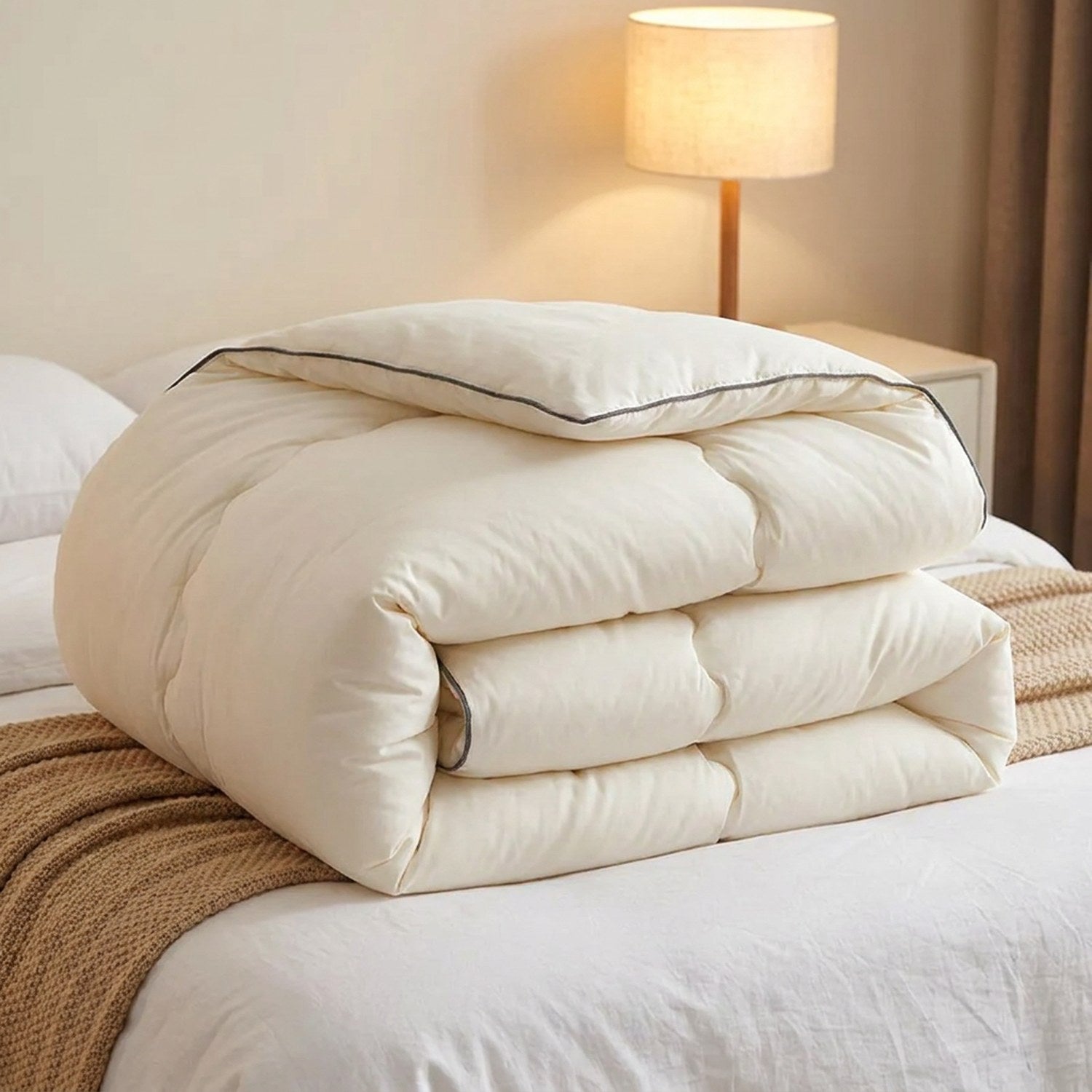 Couette d'hiver blanche pliée au pied d'un lit dans une chambre douce