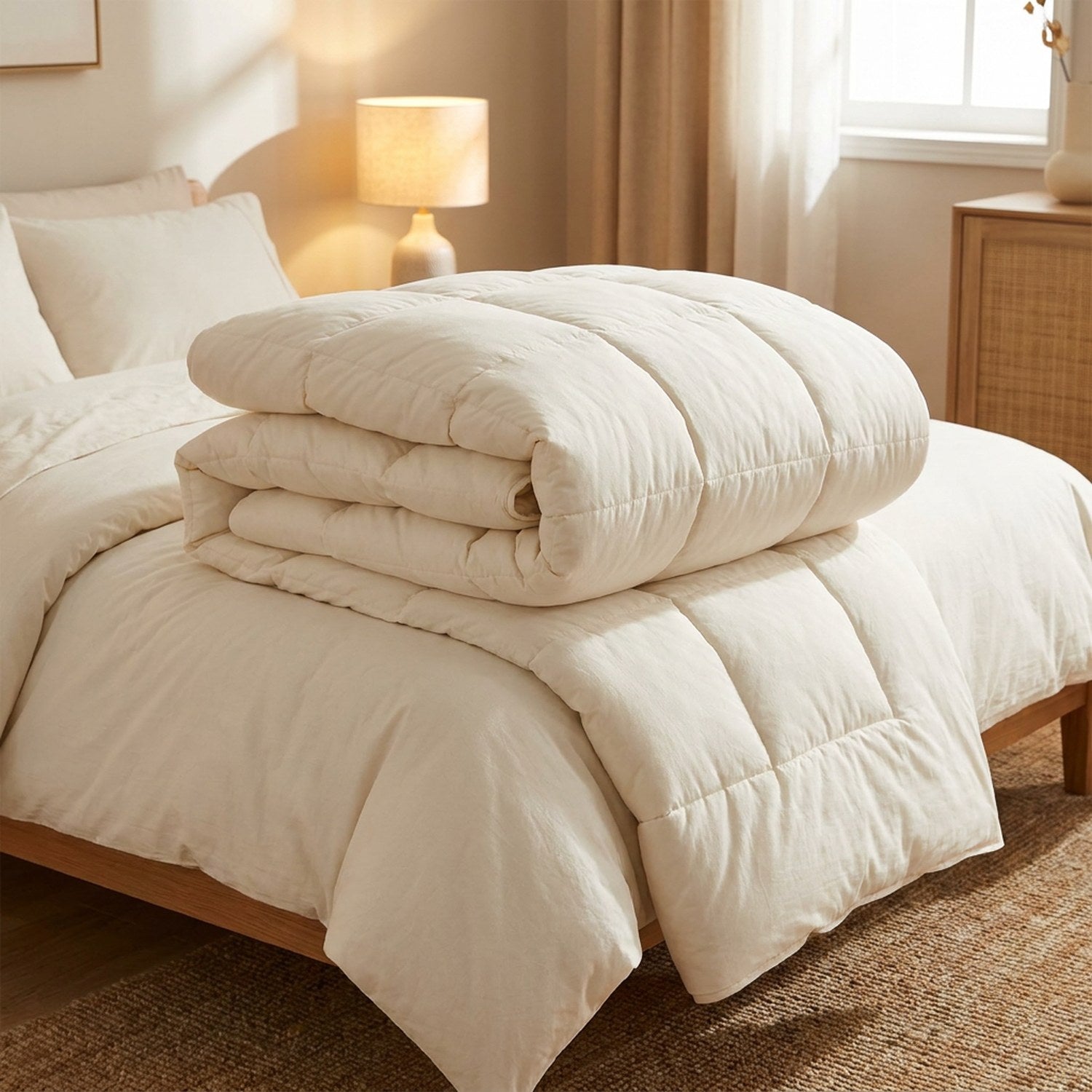 Couette matelassée blanche version hiver épaisse et gonflante pliée sur un lit cosy