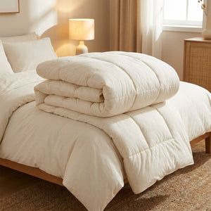 Couette matelassée blanche version hiver épaisse et gonflante pliée sur un lit cosy
