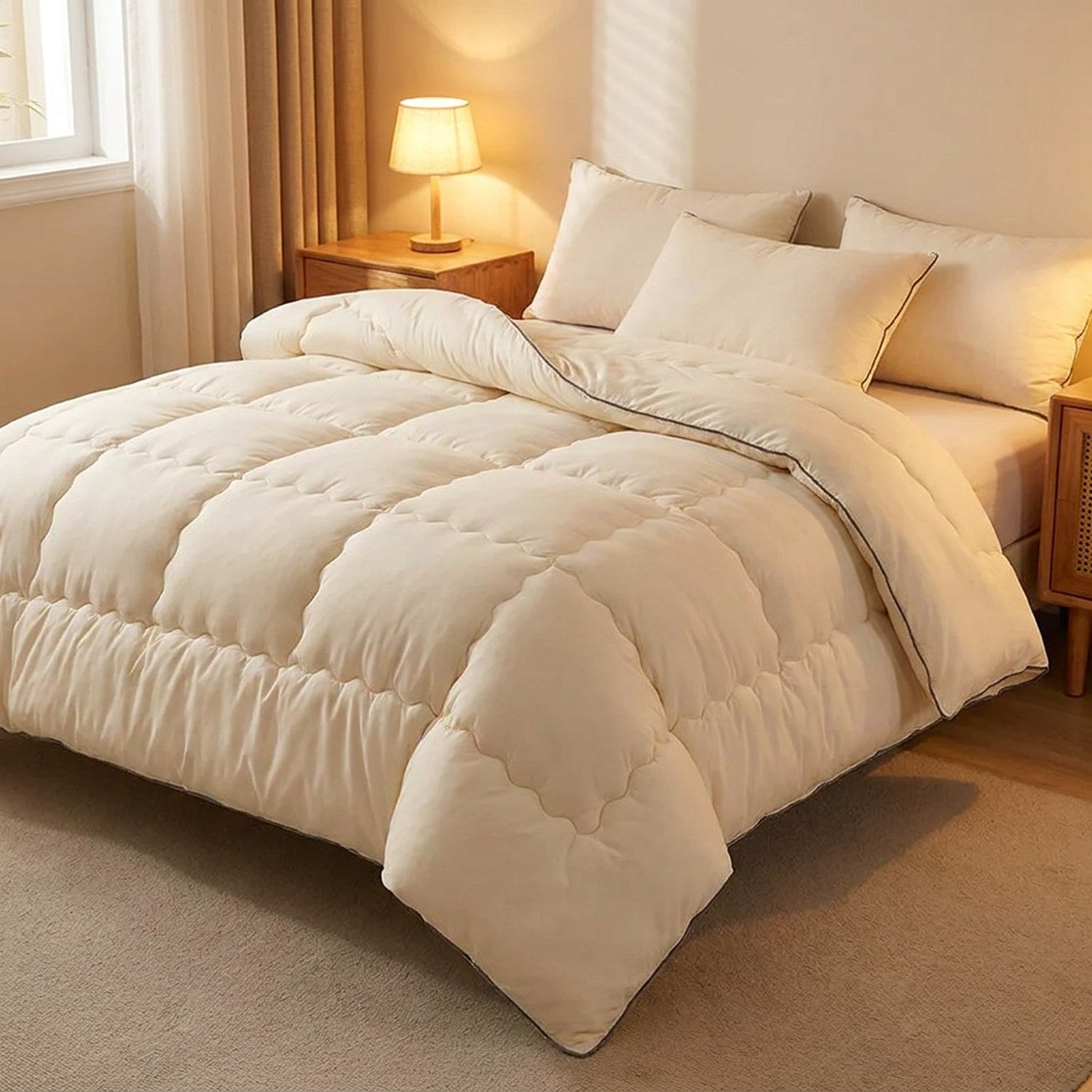 Couette crème sur un lit double avec lampe de chevet dans une chambre chaleureuse