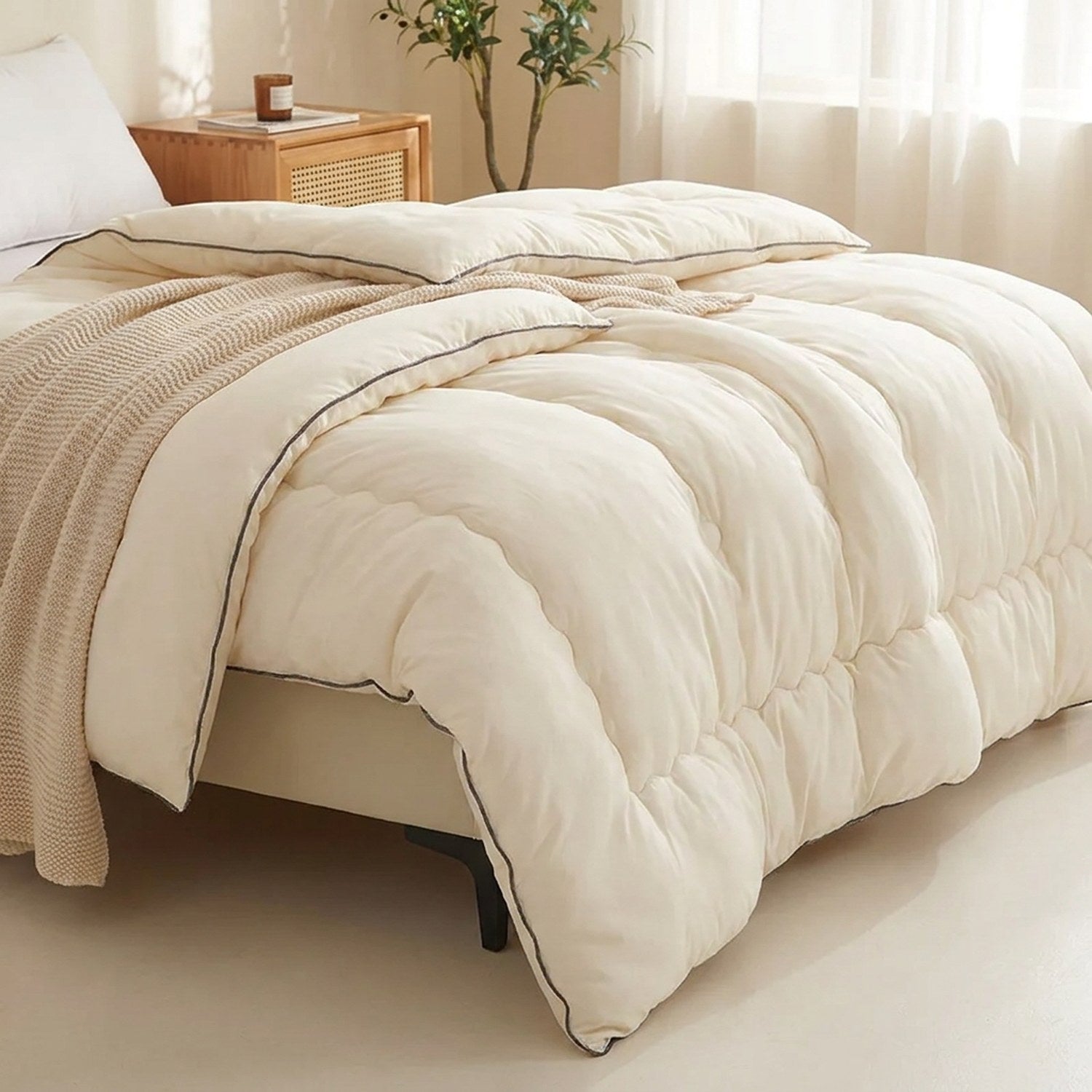 Détail de la couette crème matelassée avec passepoil gris sur un lit cocooning
