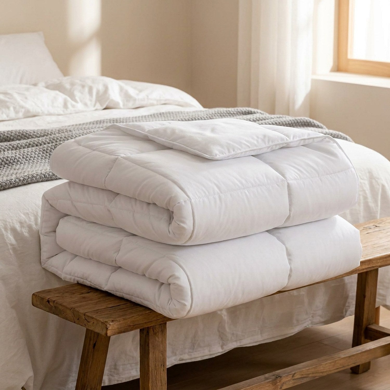 Couette d'hiver pliée montrant son épaisseur moelleuse et son matelassage