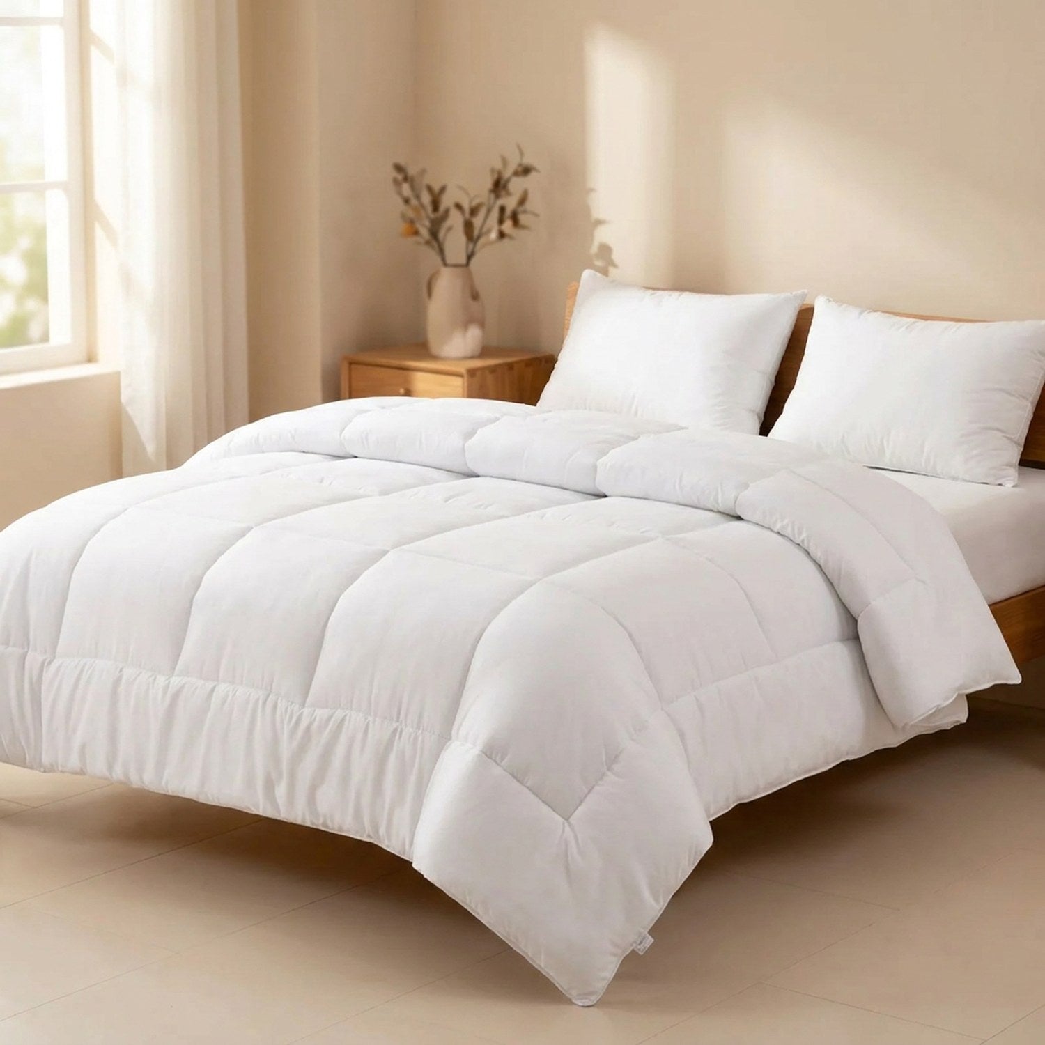 Couette d'hiver blanche moelleuse installée sur un lit fait dans une chambre chaleureuse