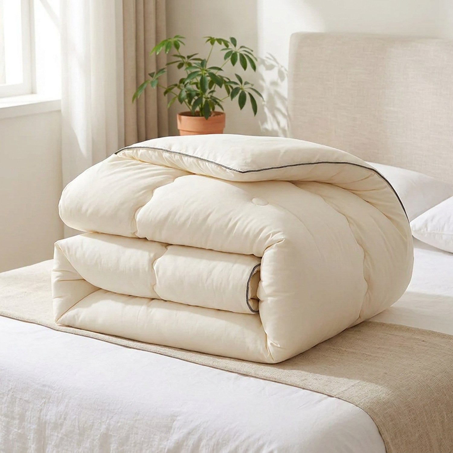 Couette d'hiver crème moelleuse et gonflante pliée sur un lit dans une chambre lumineuse