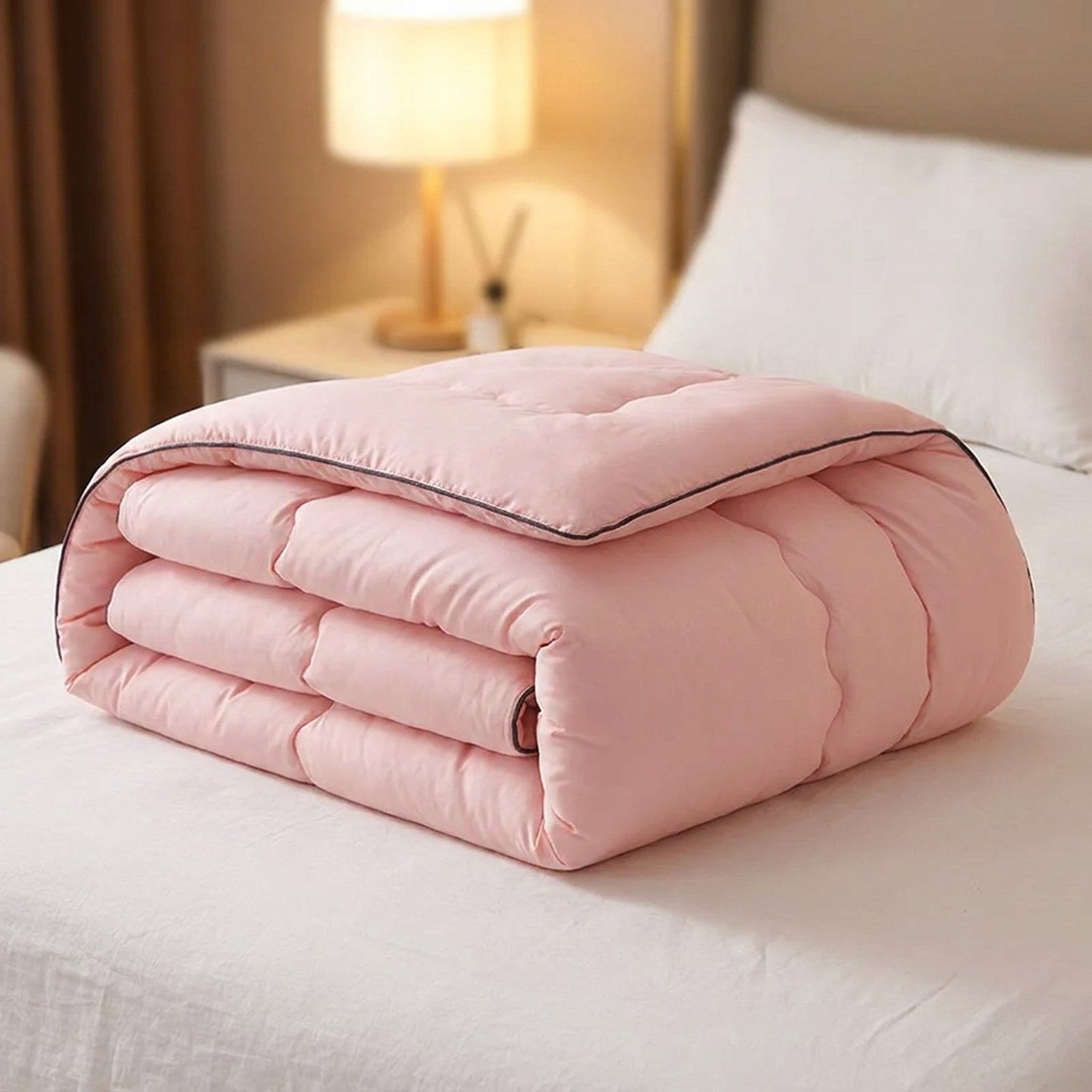 Couette d'hiver rose pliée au pied d'un lit dans une chambre cocooning