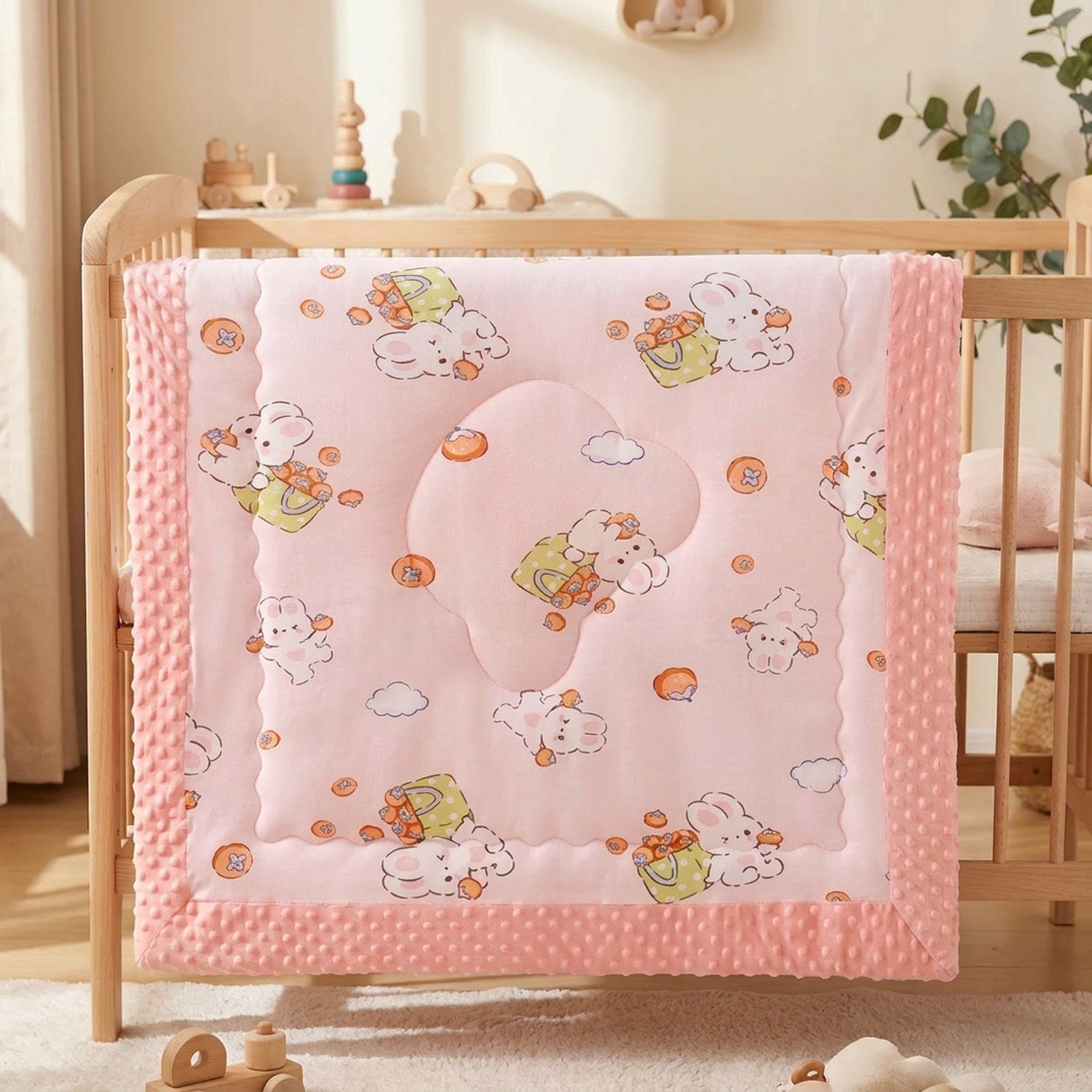 Couette bébé motif lapins avec bordure rose à pois dans un berceau