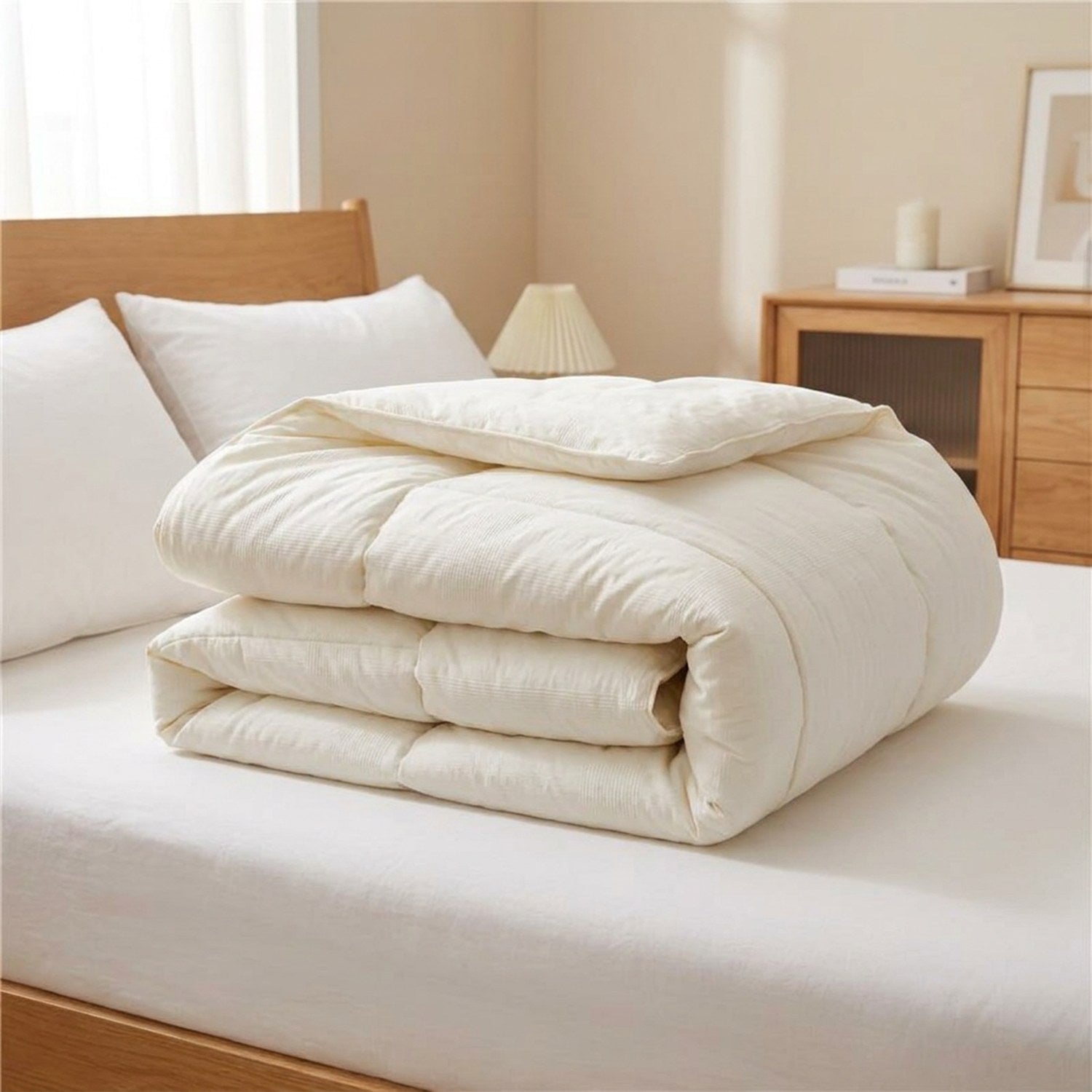 Couette matelassée blanche version mi-saison pliée sur un lit dans une chambre douce