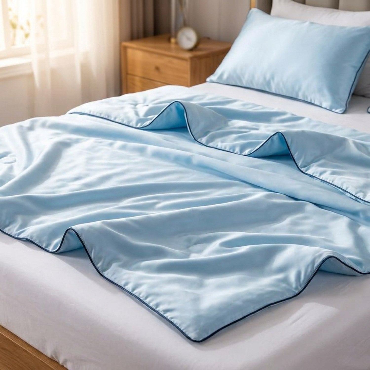 Couette d'été en soie bleu ciel posée sur un lit fait dans une chambre lumineuse et cosy