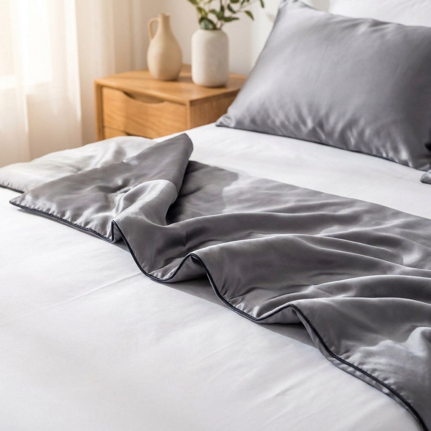 Couette d'été grise en soie posée pliée sur un lit dans une chambre chaleureuse