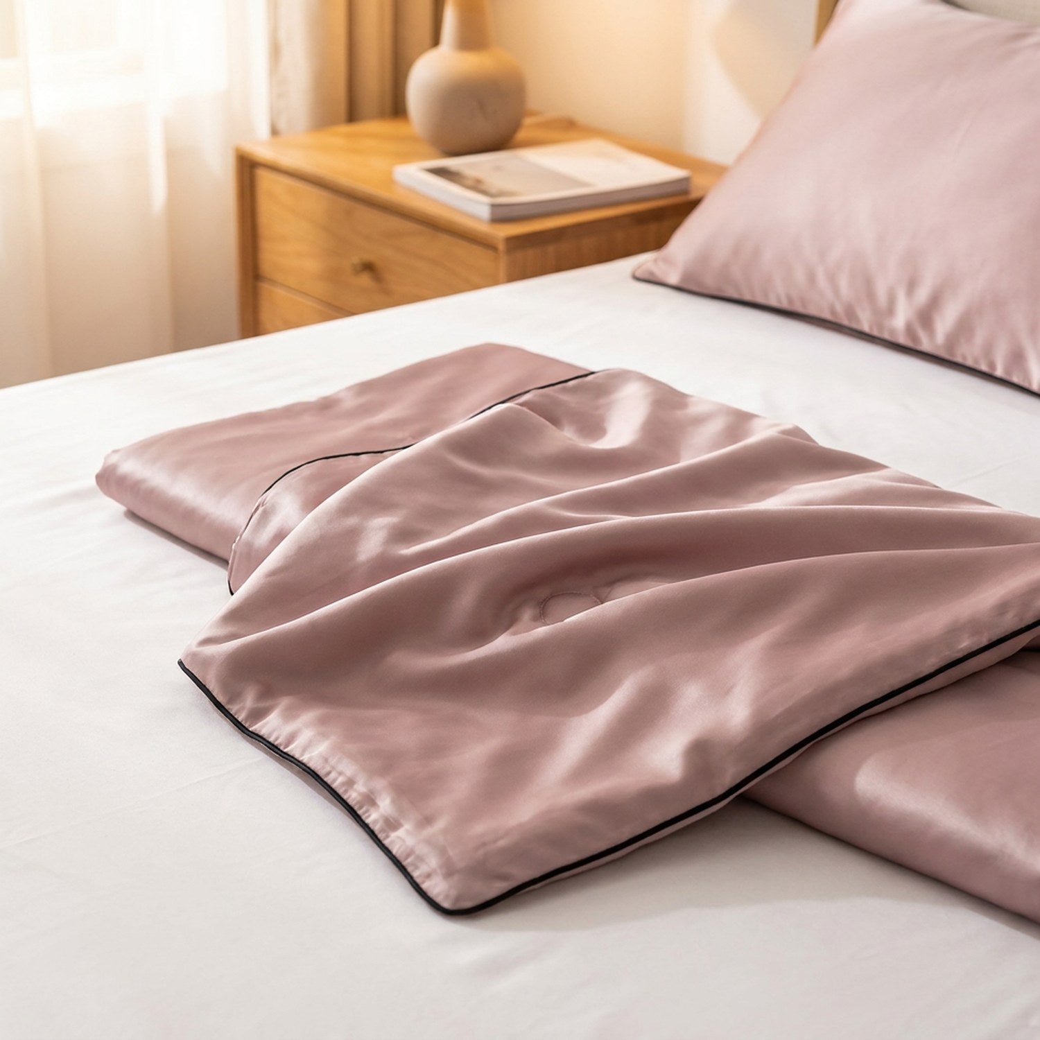 Couette d'été rose poudré en soie posée pliée sur un lit dans une chambre chaleureuse