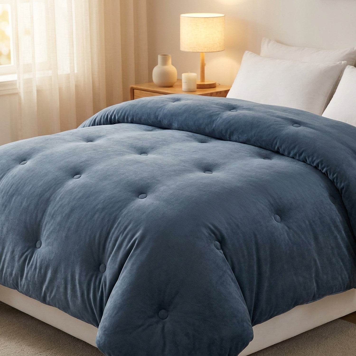 Couette d hiver bleue en velours de lait épaisse et matelassée sur un lit cosy