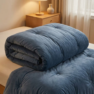 Couette bleue en velours de lait pliée montrant l épaisseur matelassée et les surpiqûres