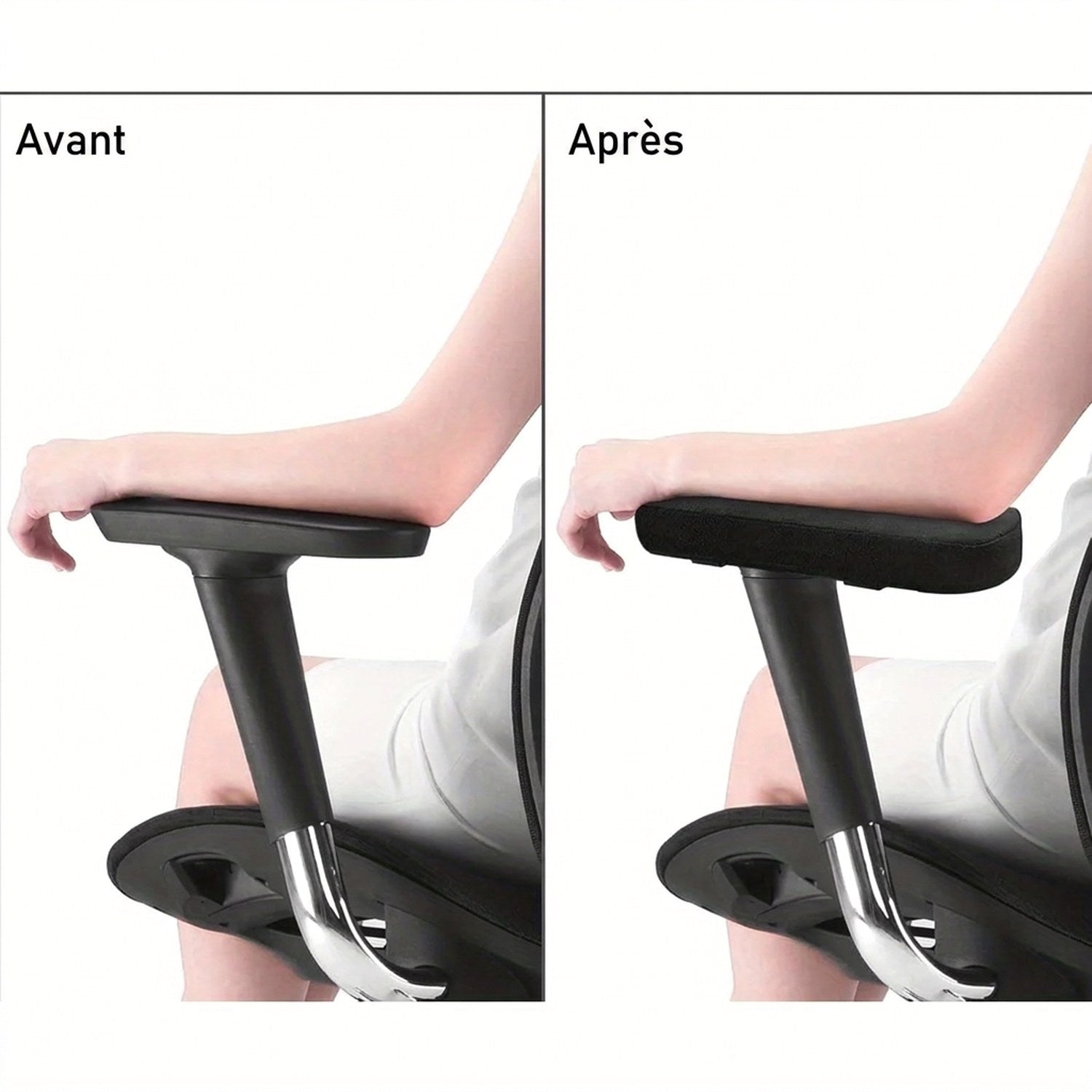 Comparaison avant et après pose du coussin sur un accoudoir de chaise de bureau