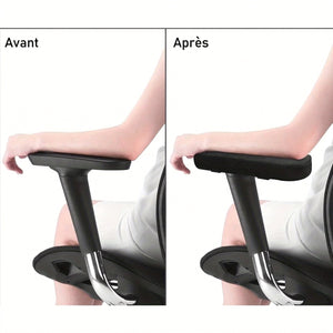 Comparaison avant et après pose du coussin sur un accoudoir de chaise de bureau