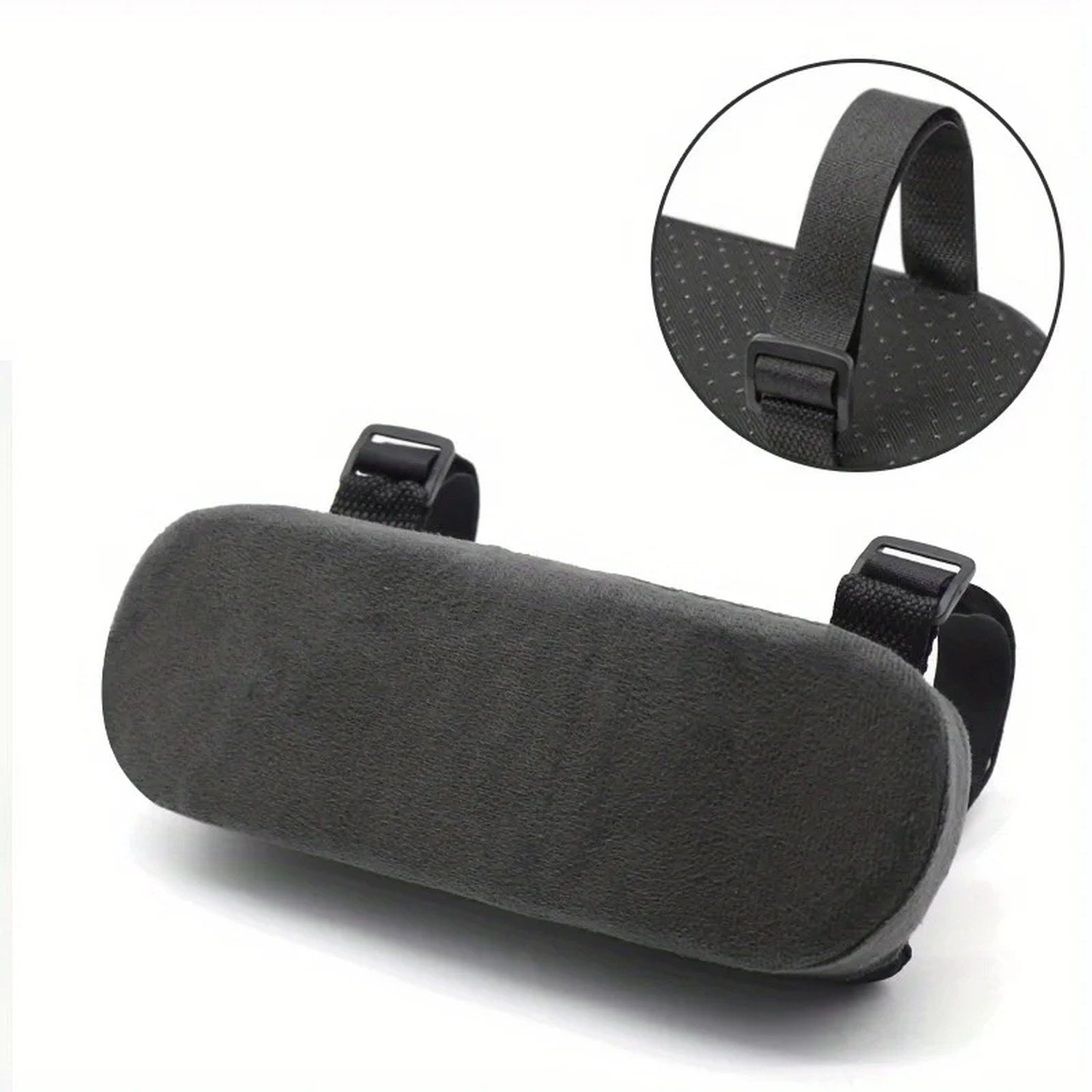 Coussin d'accoudoir noir vu de dessus avec ses deux sangles réglables à boucle