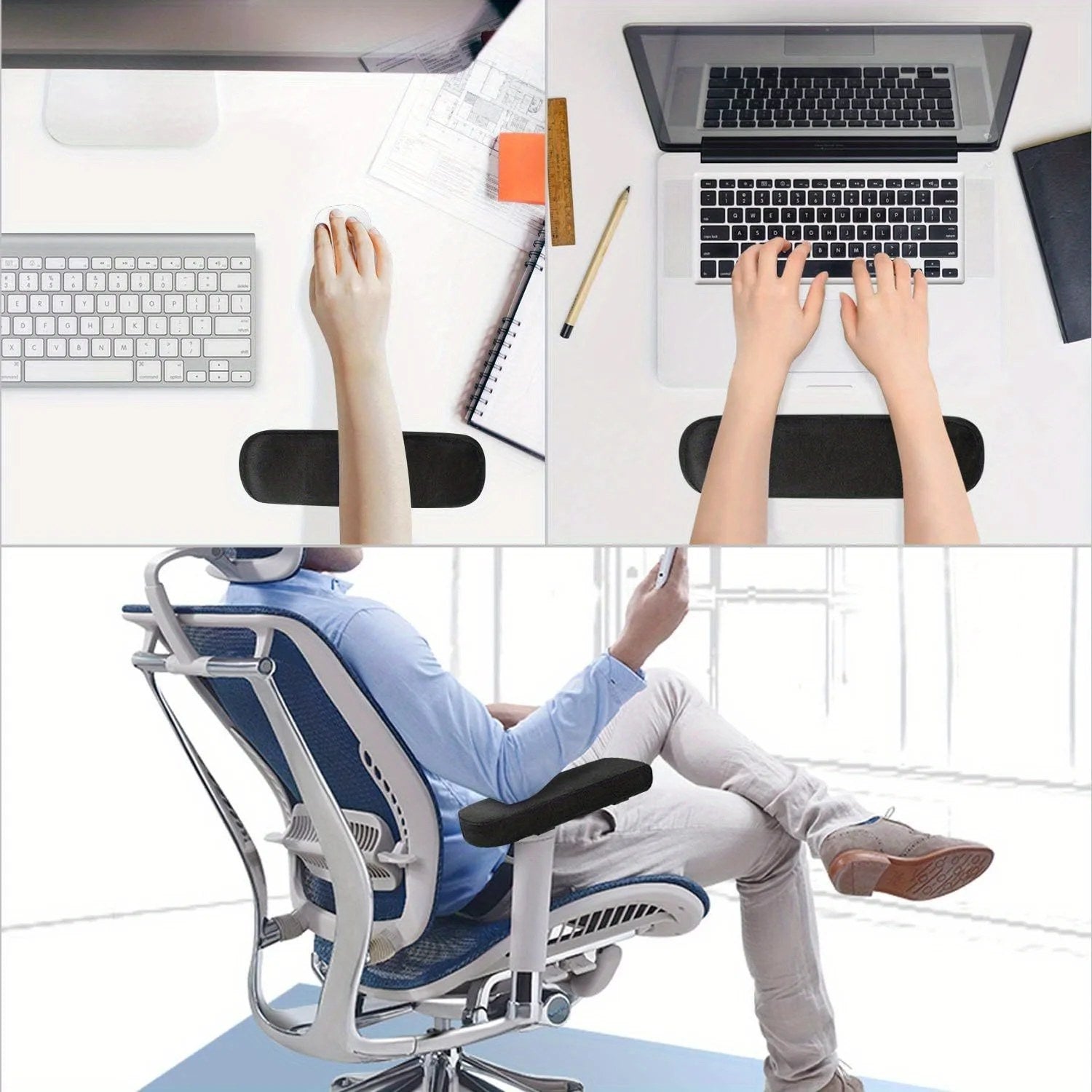 Utilisations du coussin d'accoudoir comme repose-poignet sur bureau et sur chaise inclinée