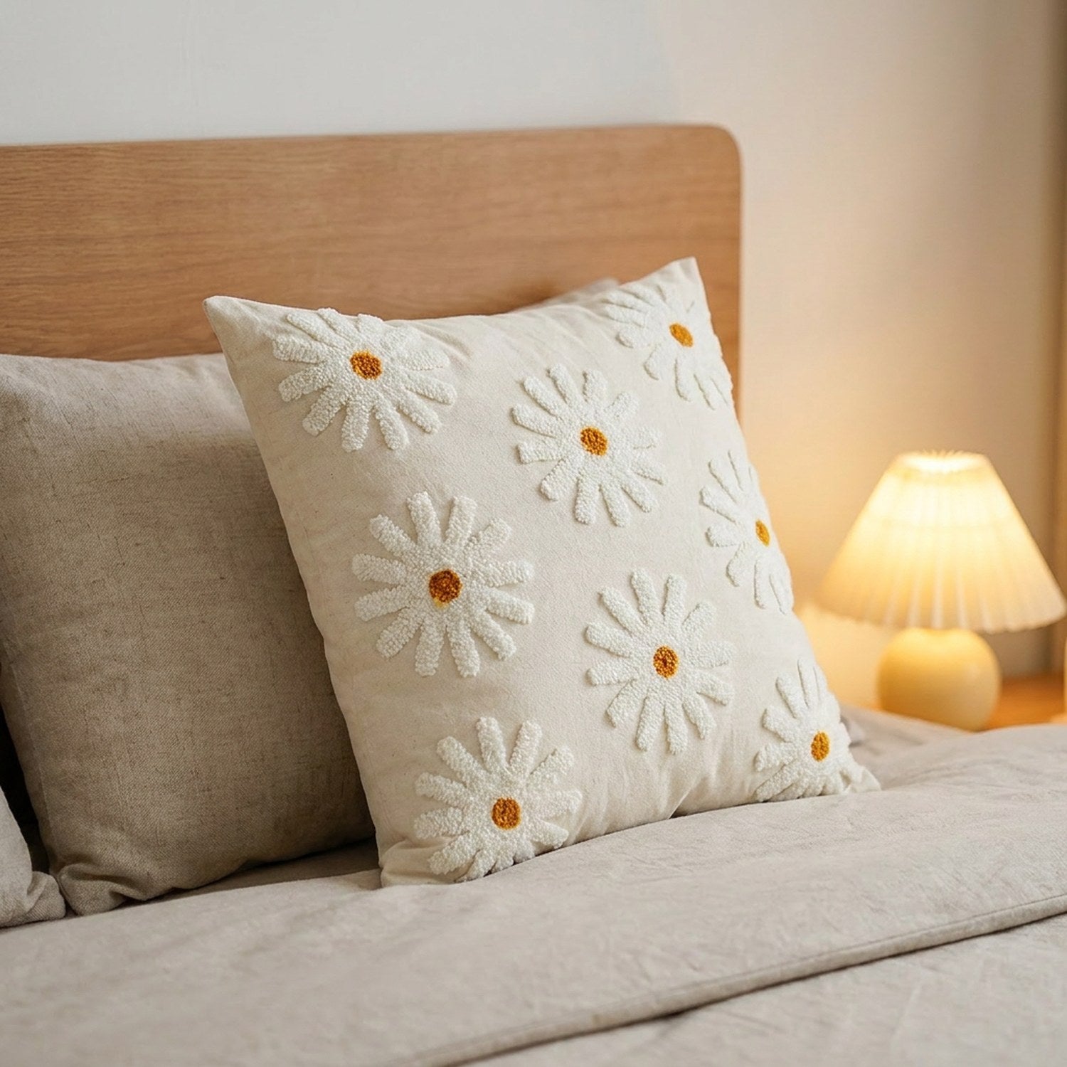 Housse de coussin brodée marguerite orange posée sur un lit avec lampe de chevet