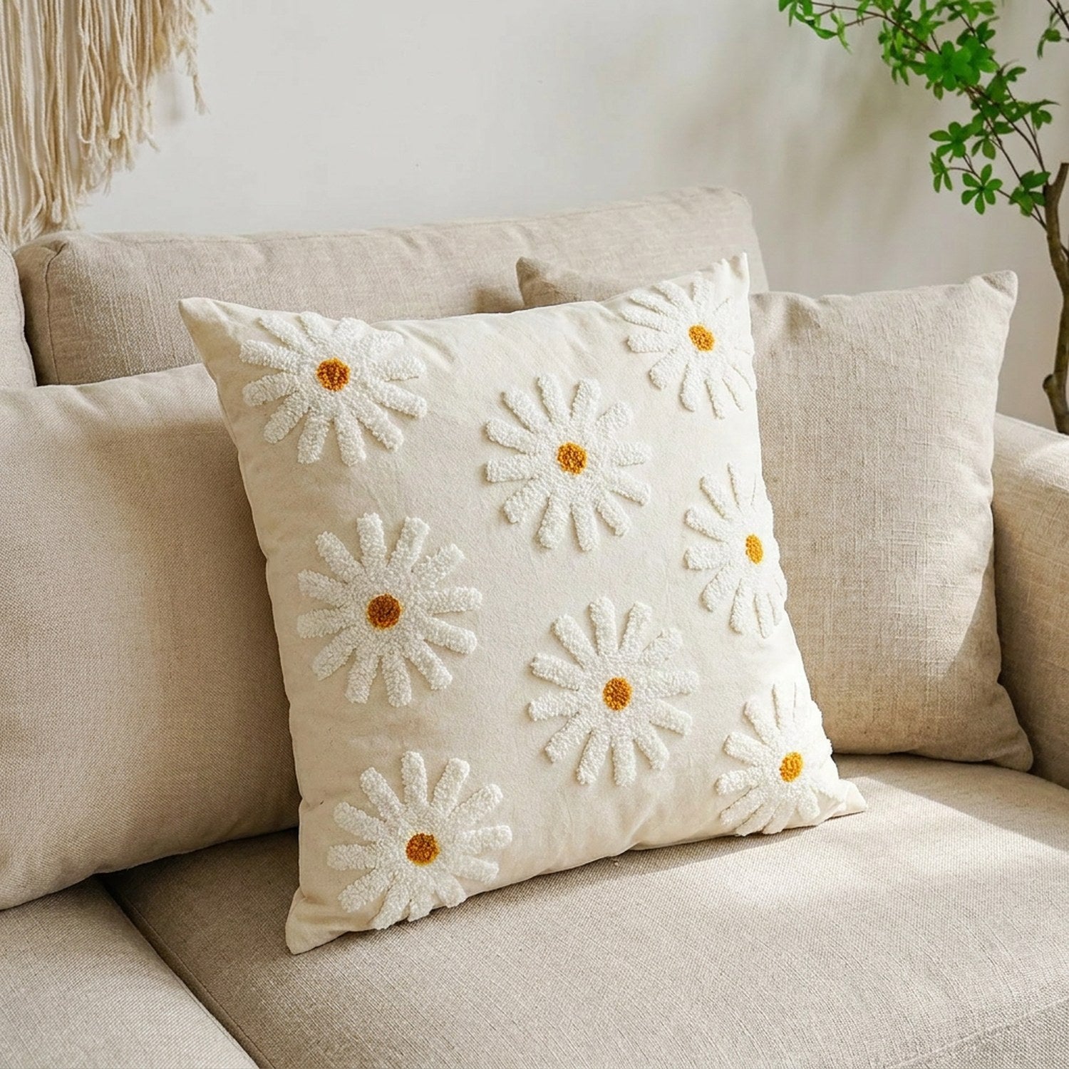 Détail de la broderie florale de la housse de coussin sur canapé lin beige