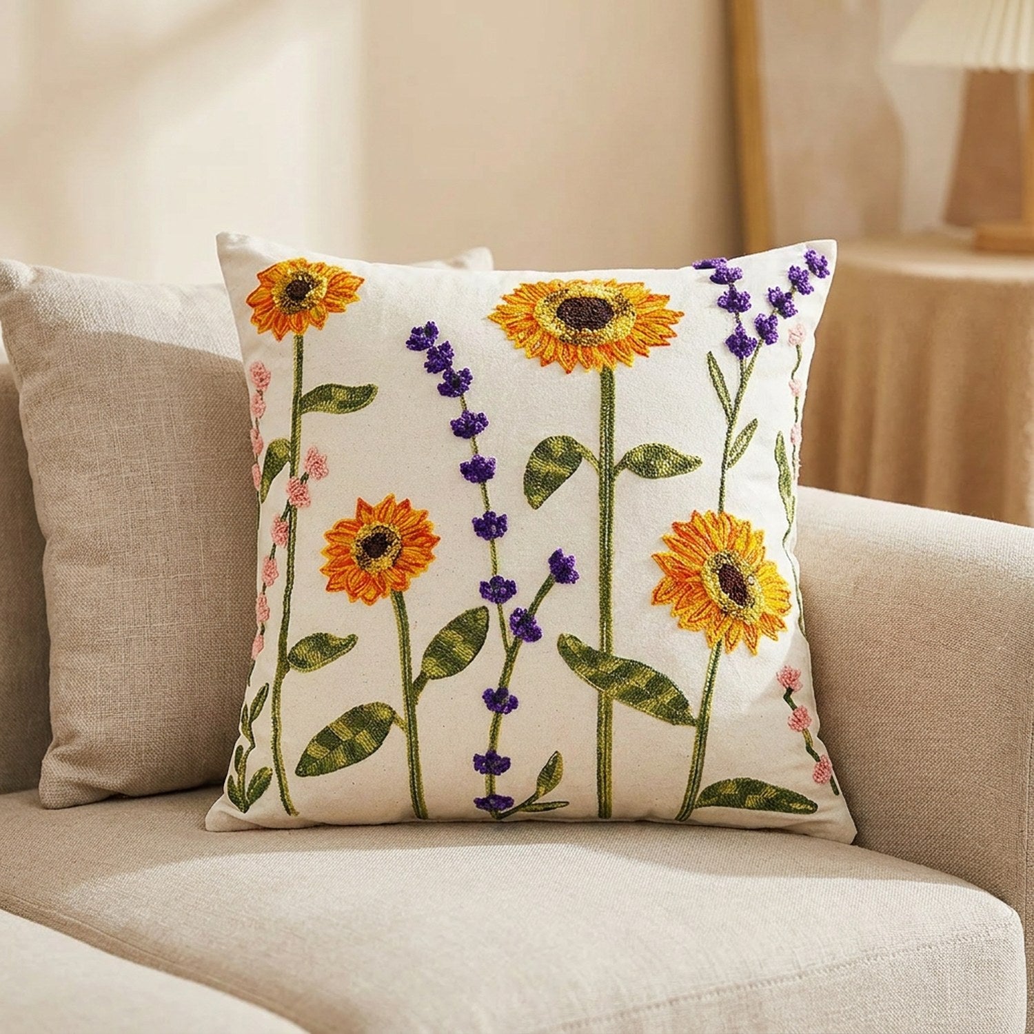 Housse de coussin motif tournesol et lavande posée sur un canapé