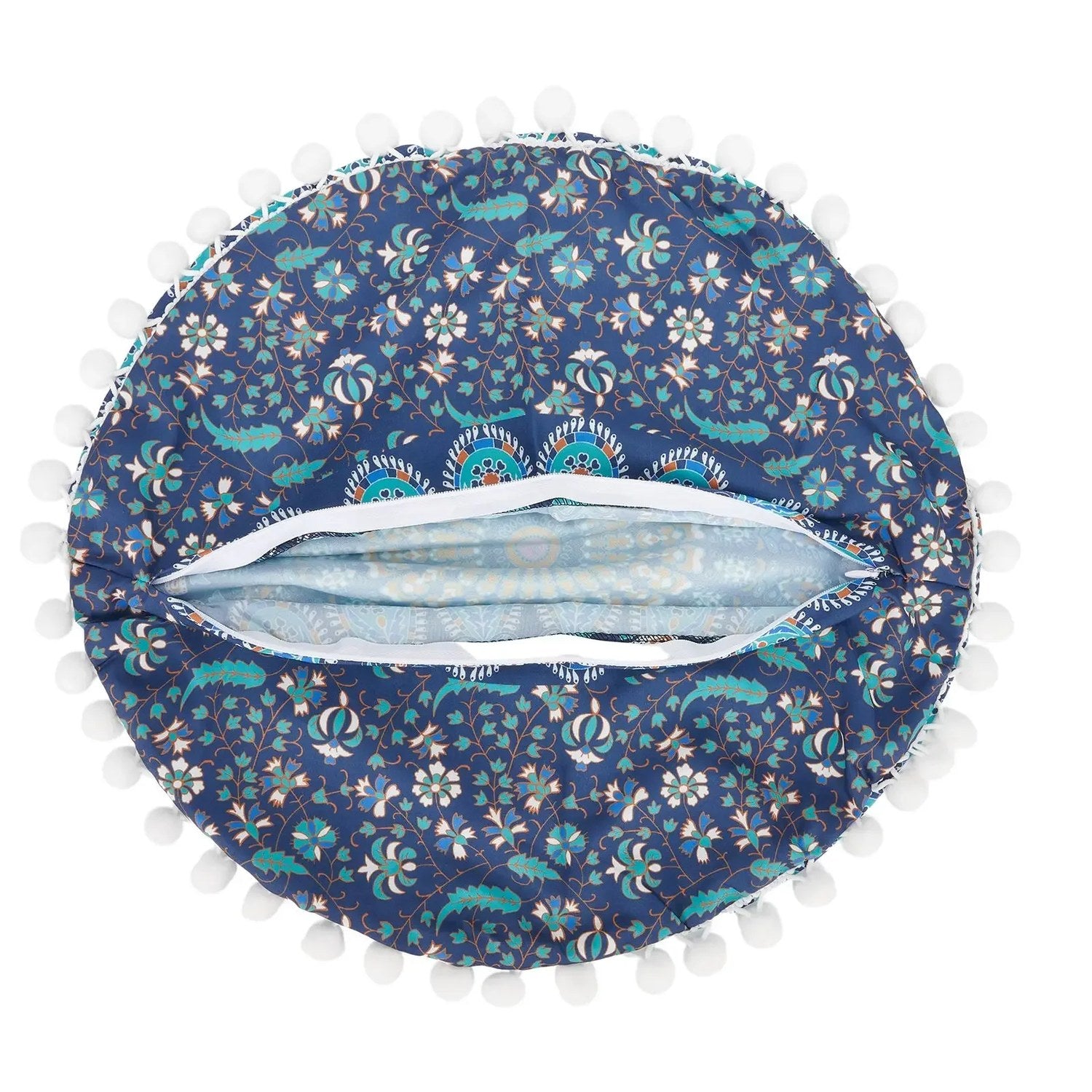 Détail de la fermeture éclair au dos du coussin de sol mandala