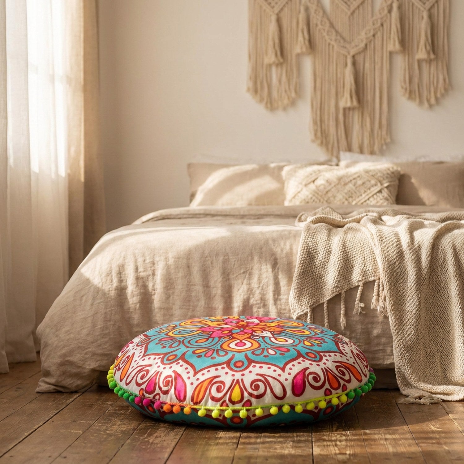 Coussin de sol mandala multicolore posé au pied d'un lit bohème le matin
