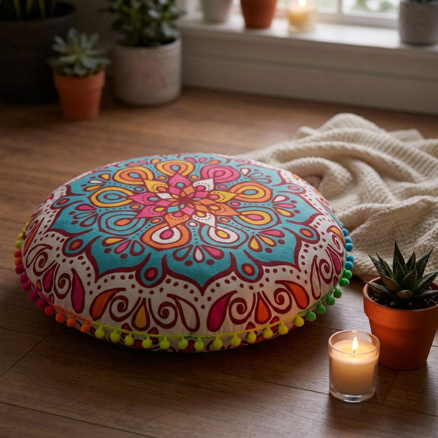 Coussin de sol mandala multicolore dans un coin méditation avec bougie et plante