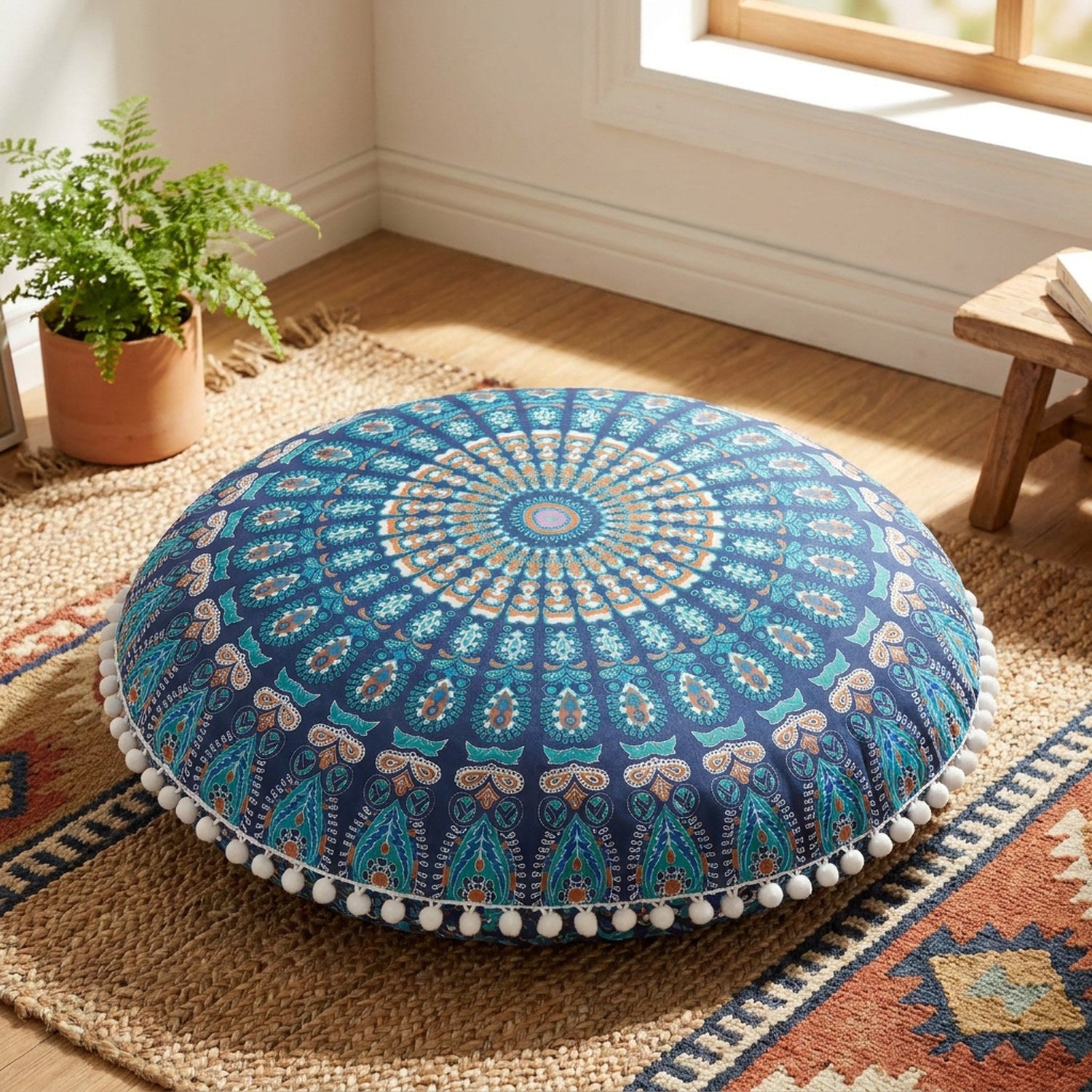 Coussin de sol rond motif mandala bleu foncé et turquoise avec pompons