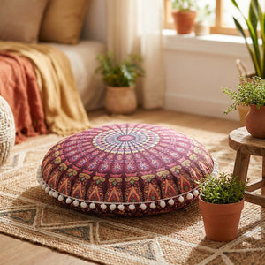 Coussin de sol rond motif mandala grenat avec pompons