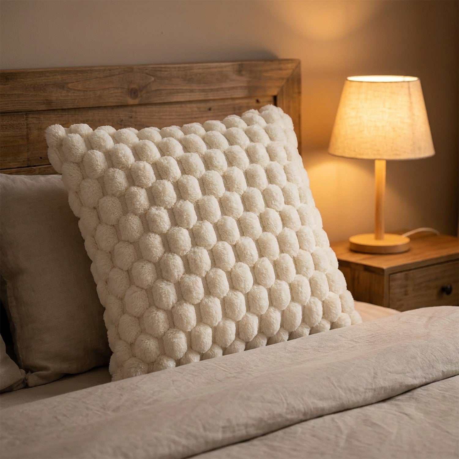 Housse de coussin à pompons crème contre une tête de lit en bois avec lampe de chevet