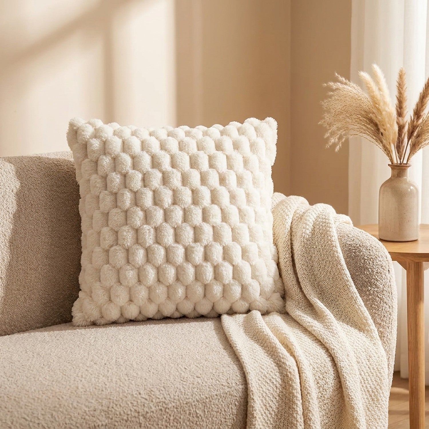 Housse de coussin à pompons crème sur un canapé beige avec un plaid et un vase de pampas