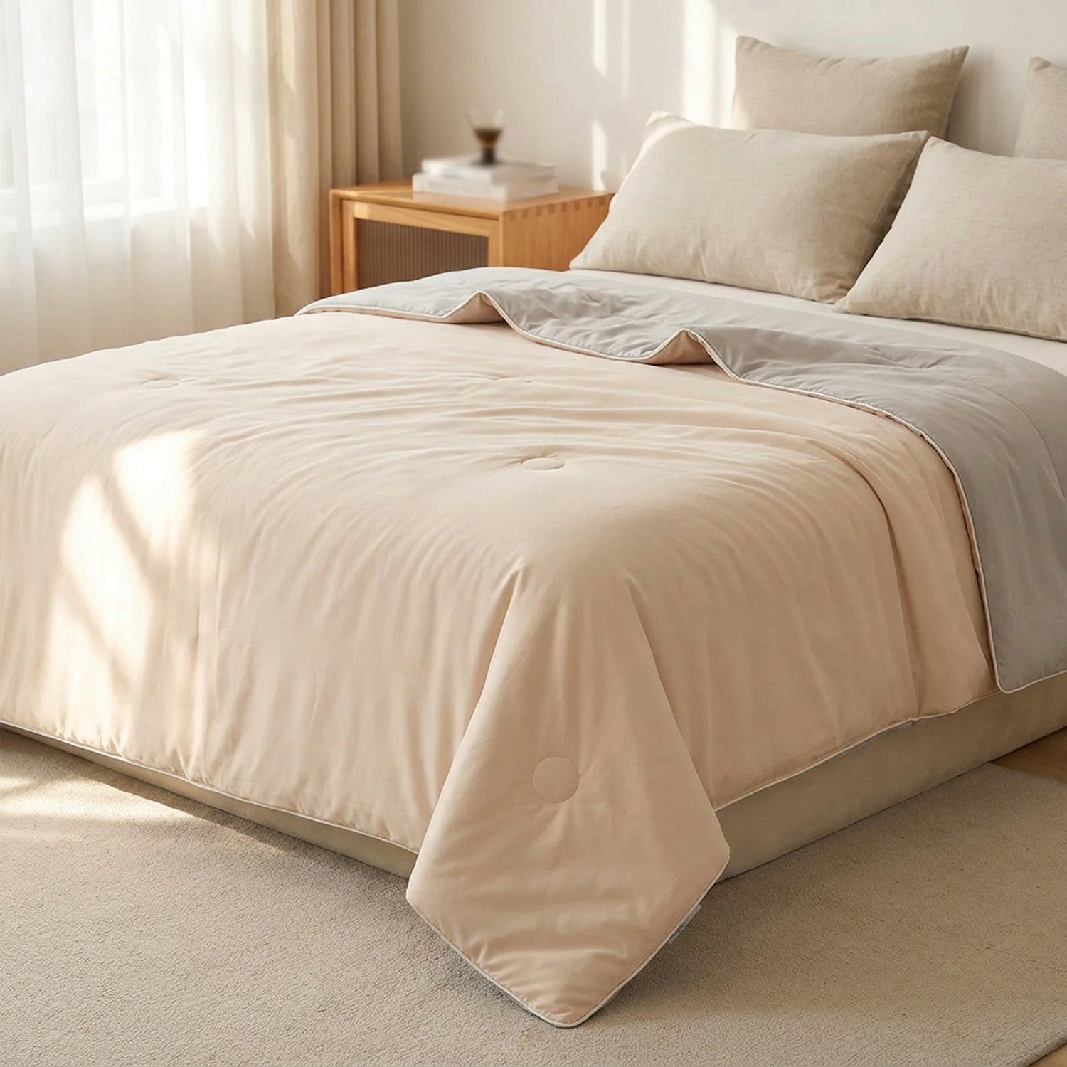 Couverture d'été rafraîchissante installée sur un lit dans une chambre lumineuse