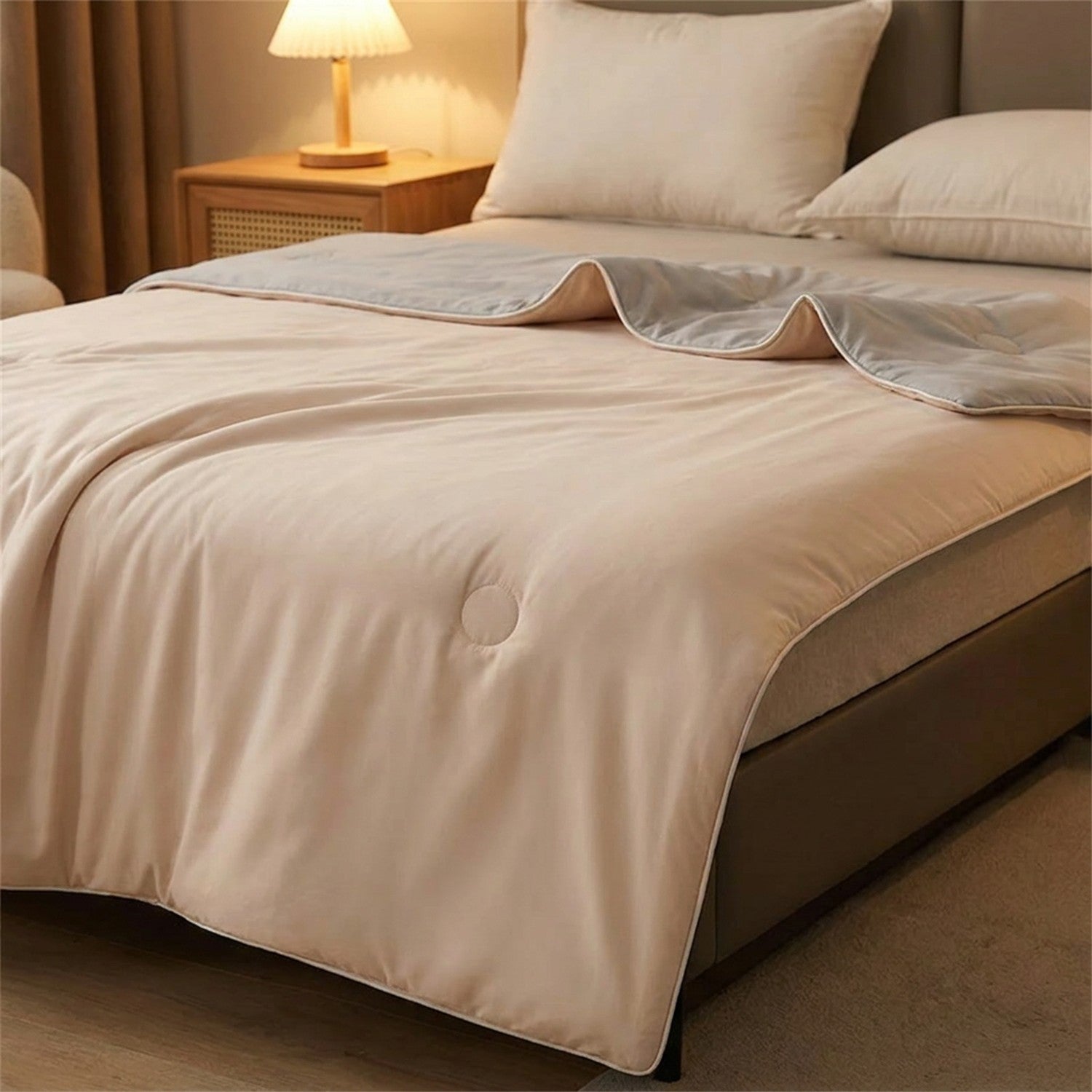 Couverture d'été rafraîchissante sur un lit avec lampe de chevet chaleureuse
