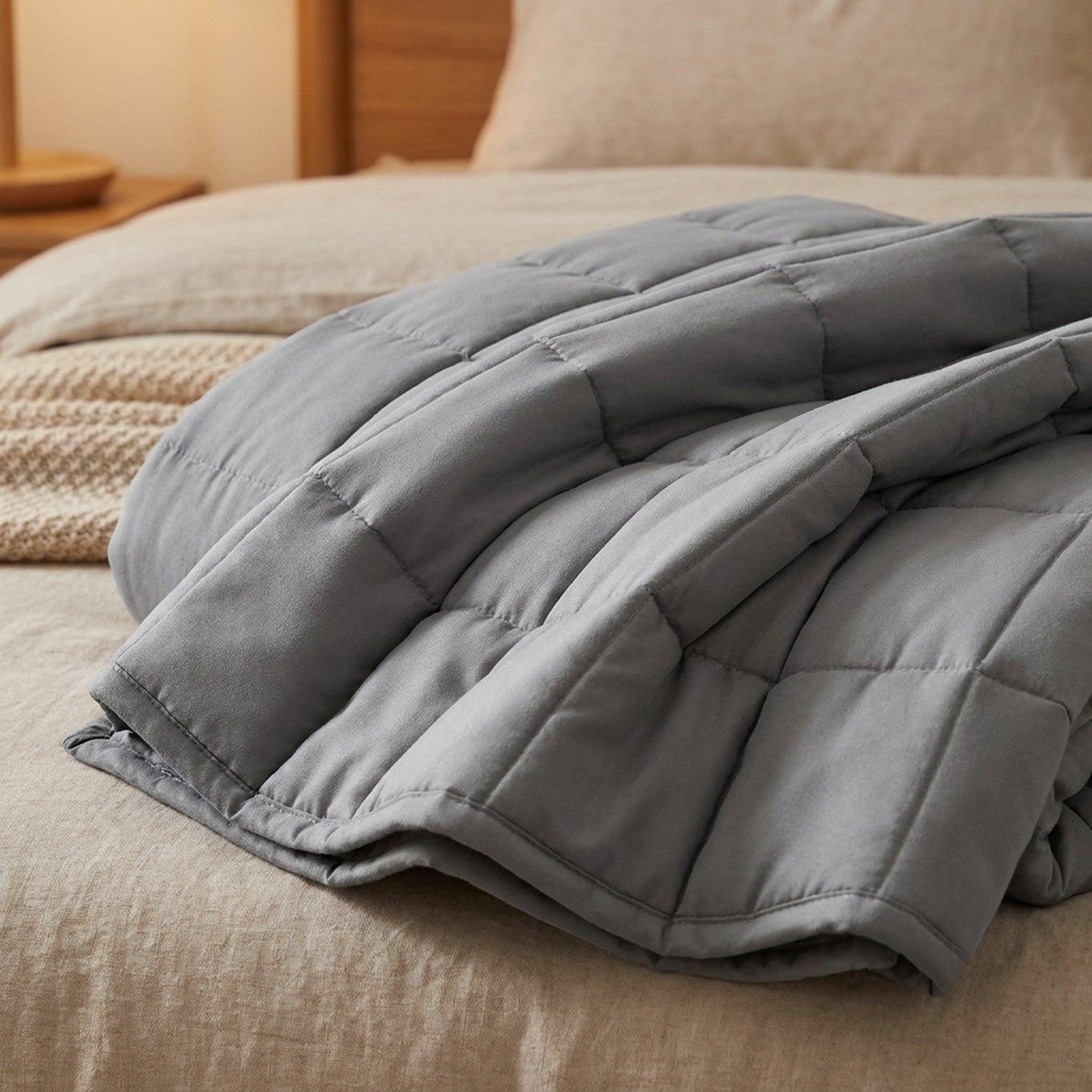 Gros plan sur le matelassage carré de la couverture lestée grise