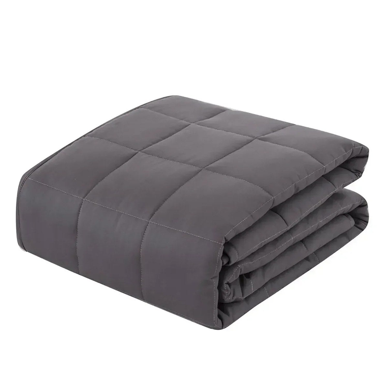 Couverture lestée grise pliée montrant son matelassage en losanges