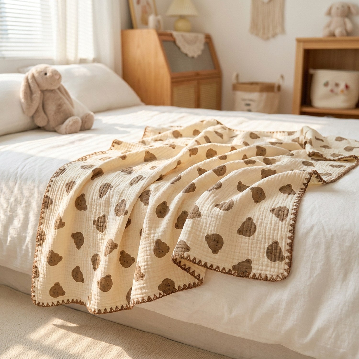 Couverture d'été enfant en gaze de coton crème à motifs oursons drapée sur un lit dans une chambre lumineuse