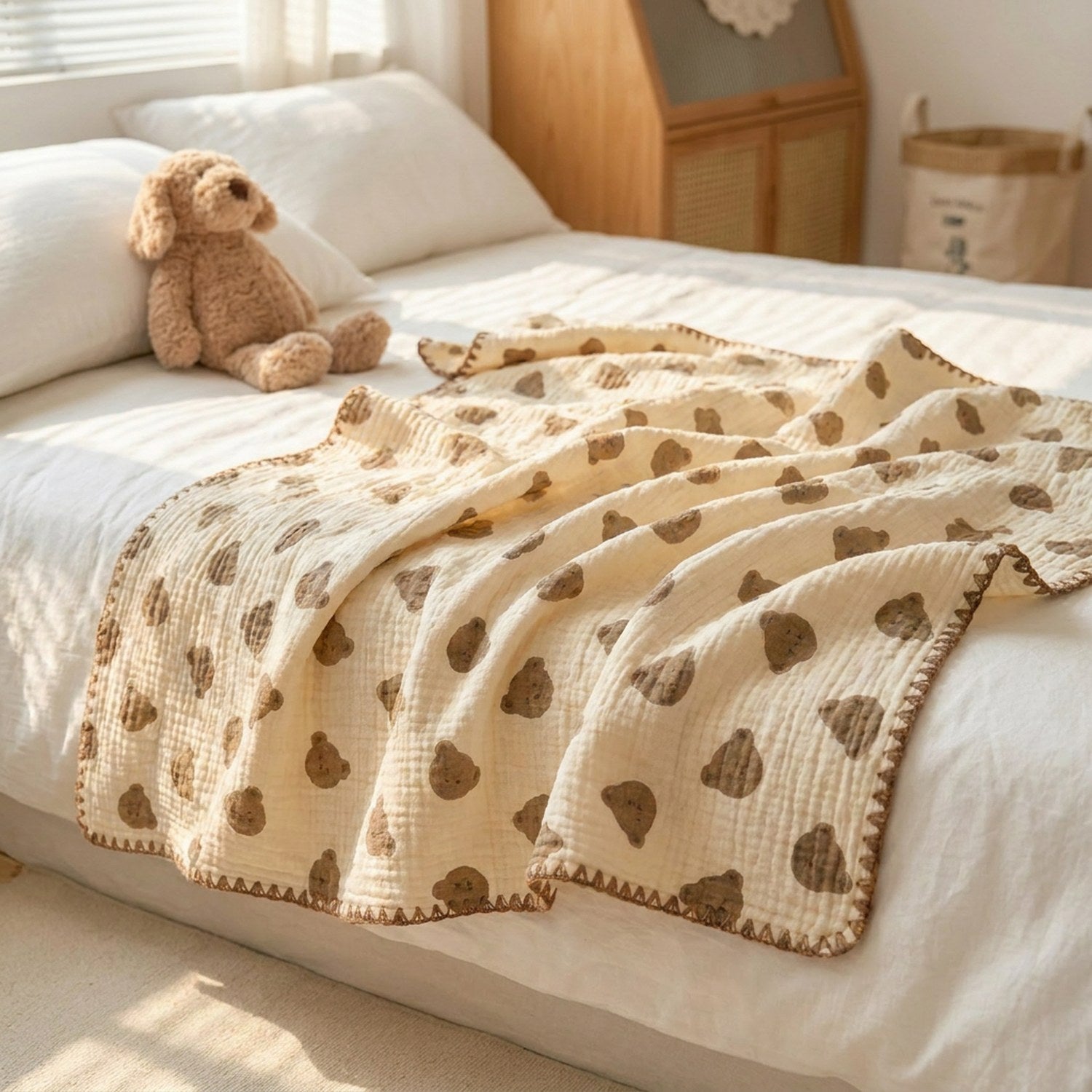 Détail de la couverture en gaze de coton froissée à motifs oursons sur un lit
