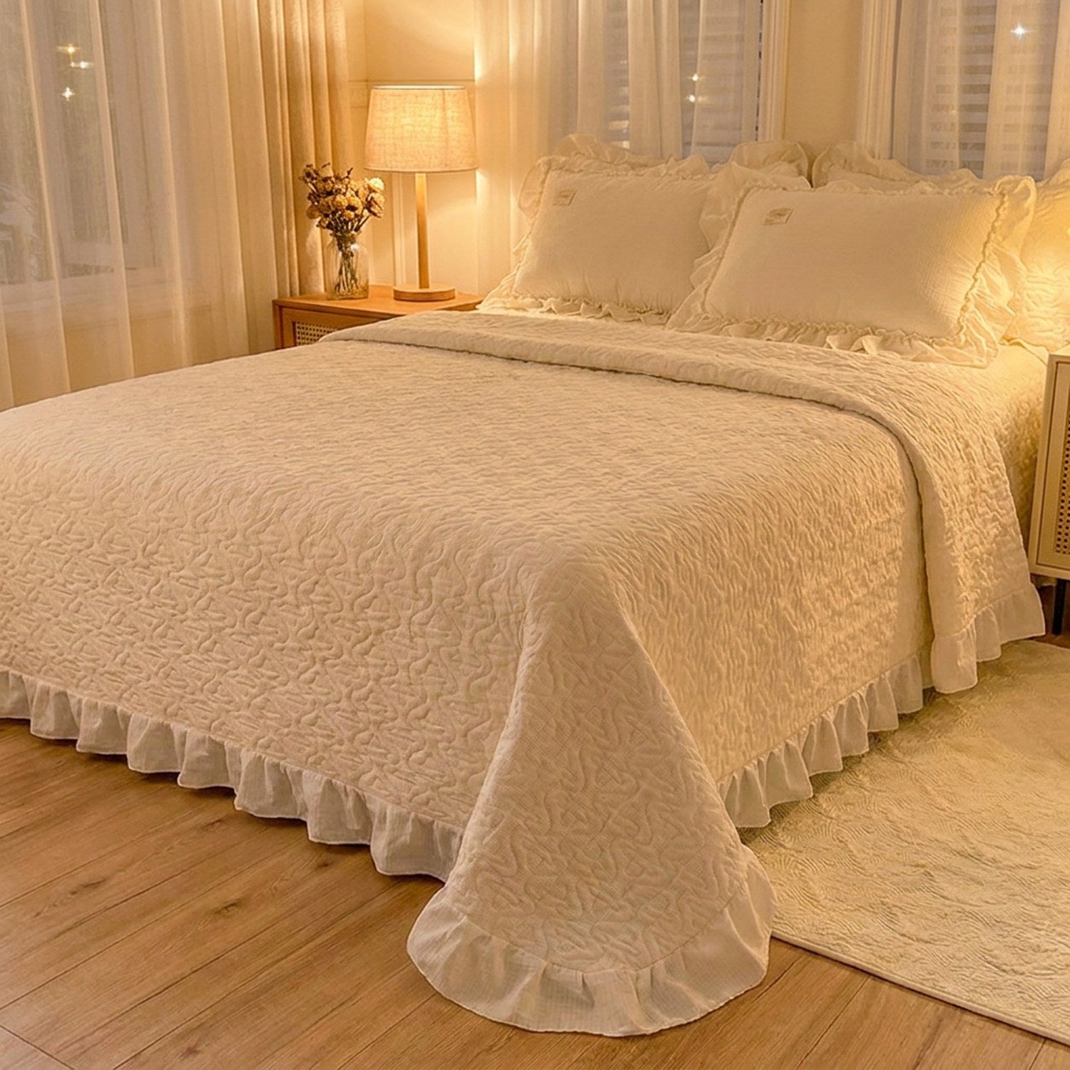 Couvre-lit matelassé crème dans une chambre romantique à la lumière douce du soir