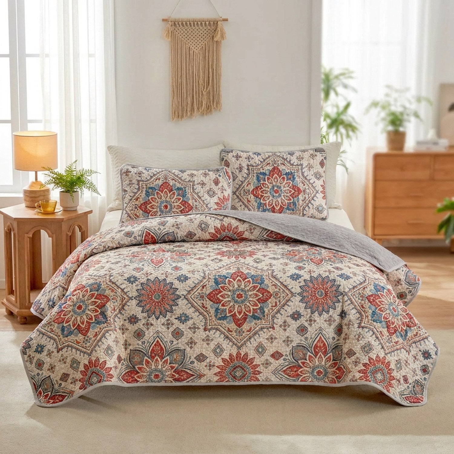 Couvre-lit matelassé bohème à médaillons floraux installé sur un lit fait dans une chambre lumineuse avec taies assorties