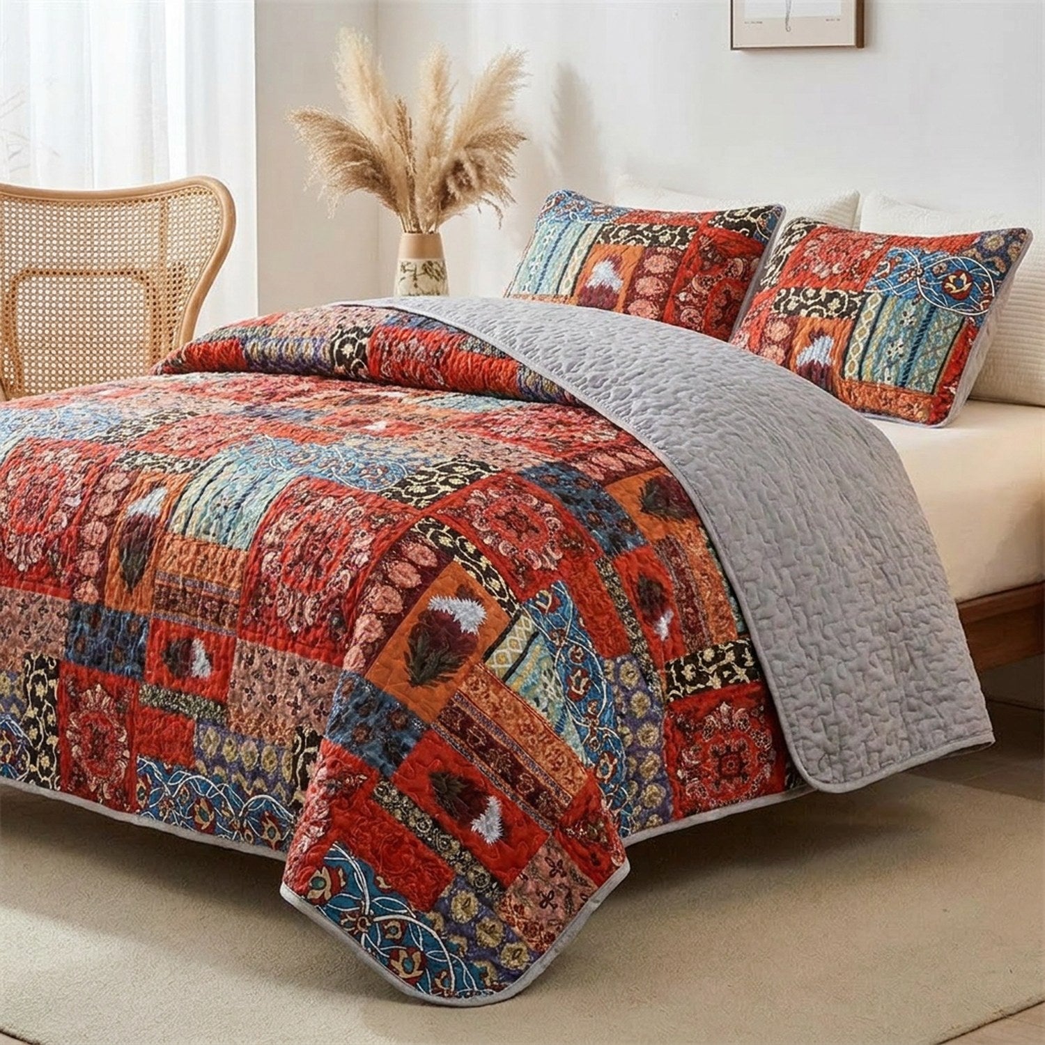 Couvre-lit bohème patchwork drapé au pied d un lit dans une chambre bohème avec pampas
