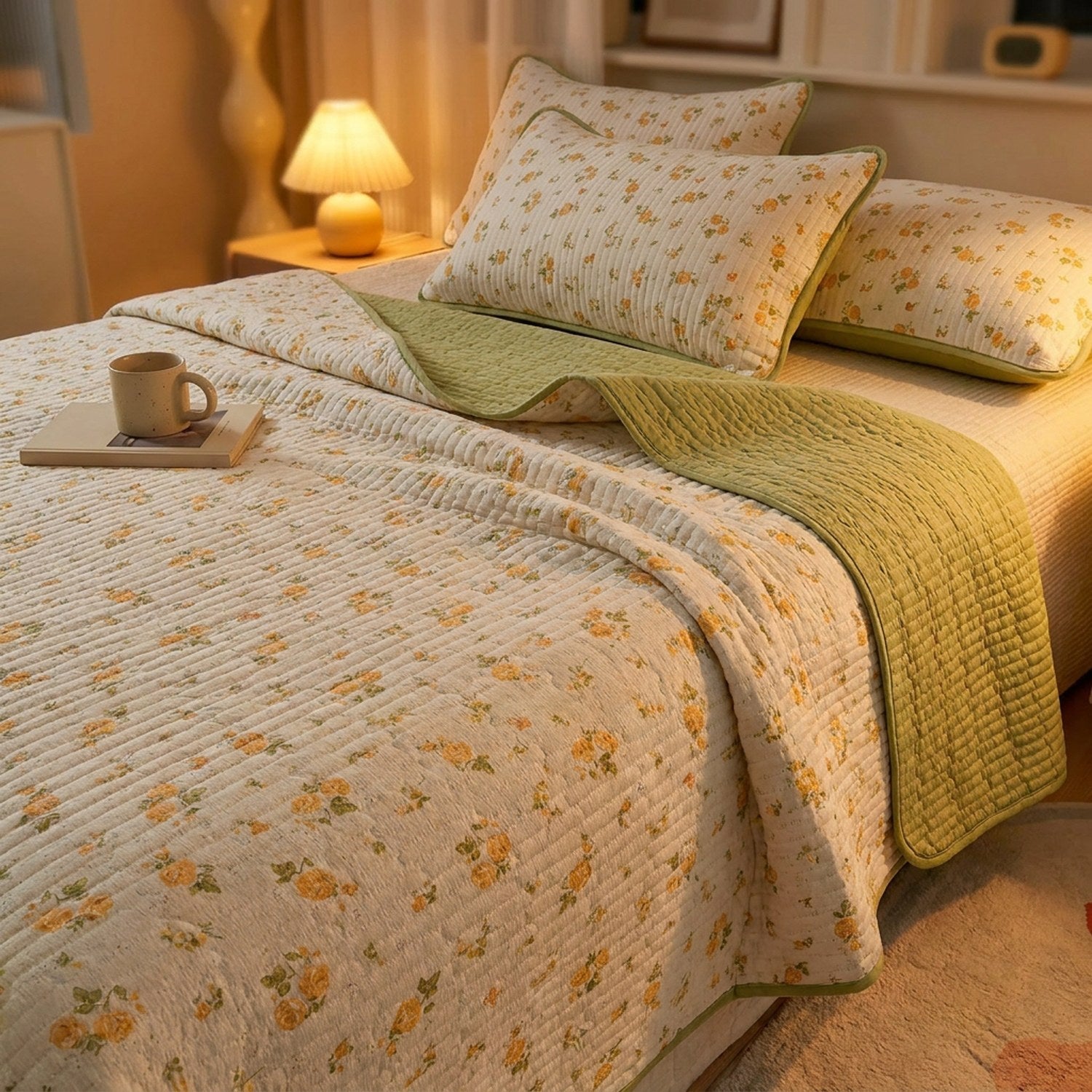 Couvre-lit matelassé fleuri sur un lit avec lampe de chevet allumée en soirée