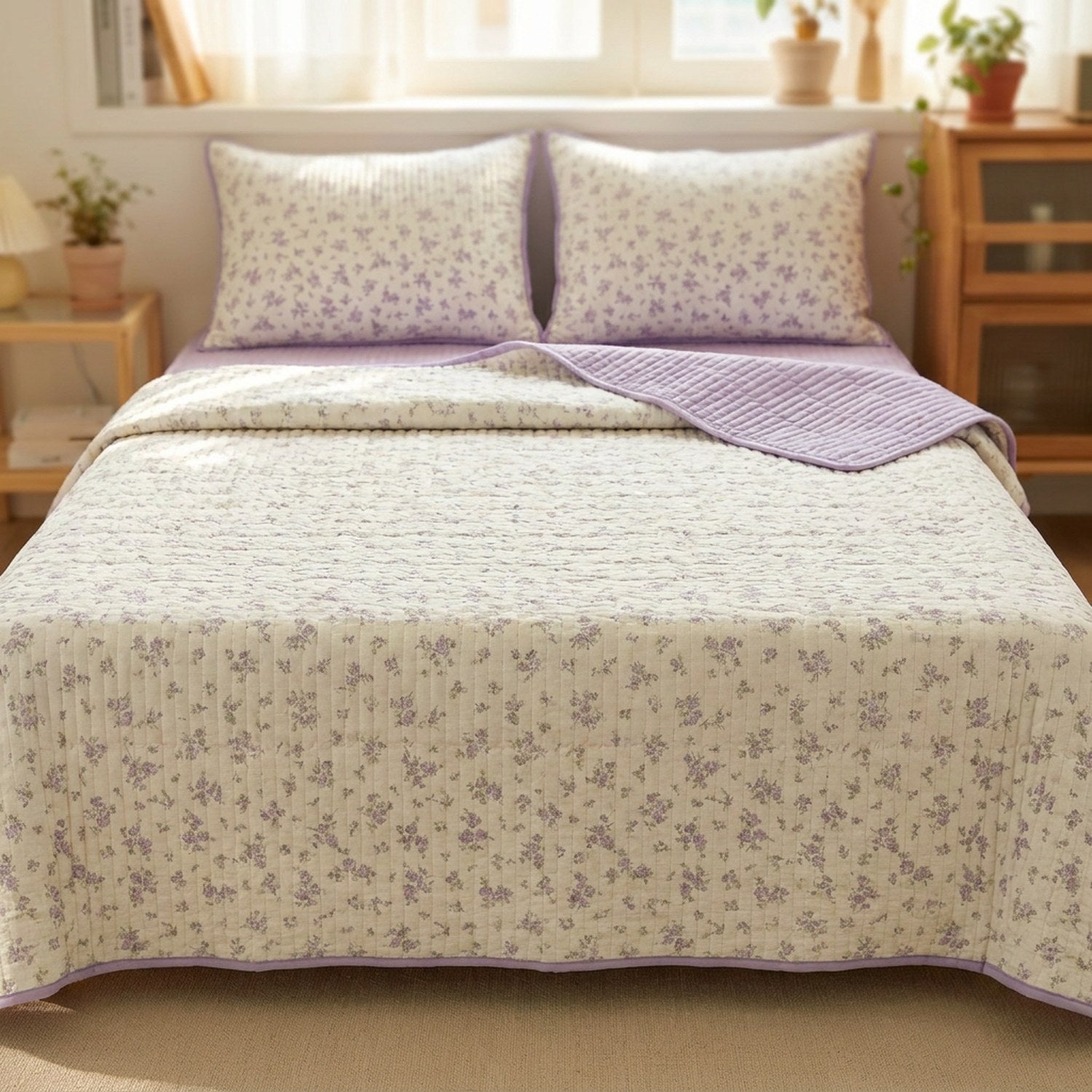 Couvre-lit matelassé à fleurs lavande et envers lilas sur un lit