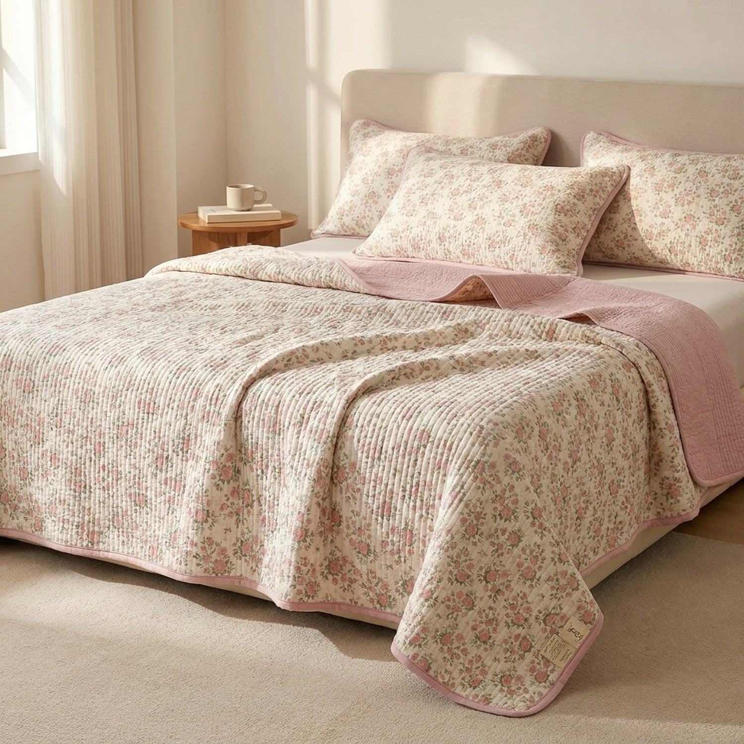 Couvre-lit matelassé imprimé floral rose dans une chambre lumineuse avec table de chevet