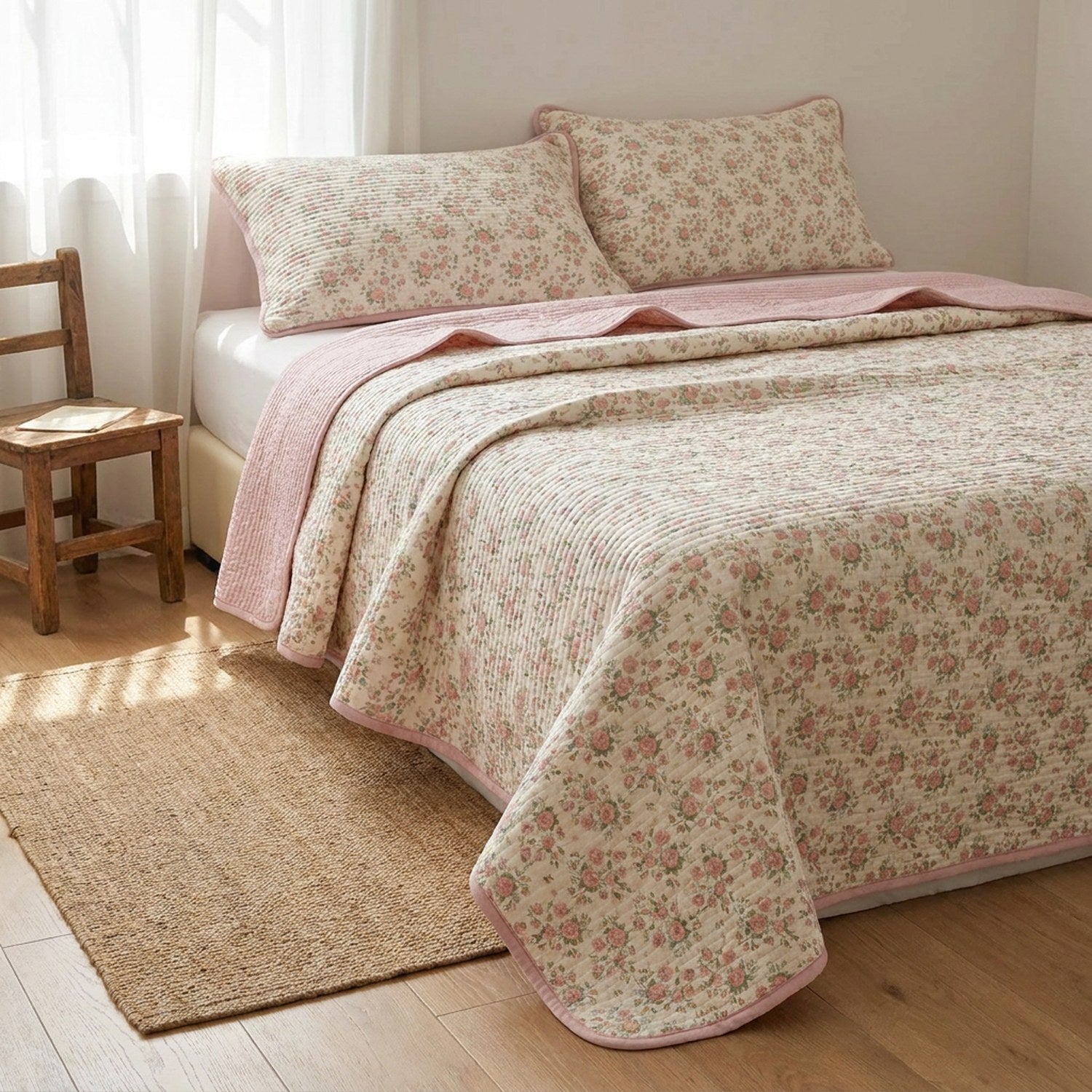 Couvre-lit matelassé imprimé floral rose dans une chambre romantique avec chaise en bois