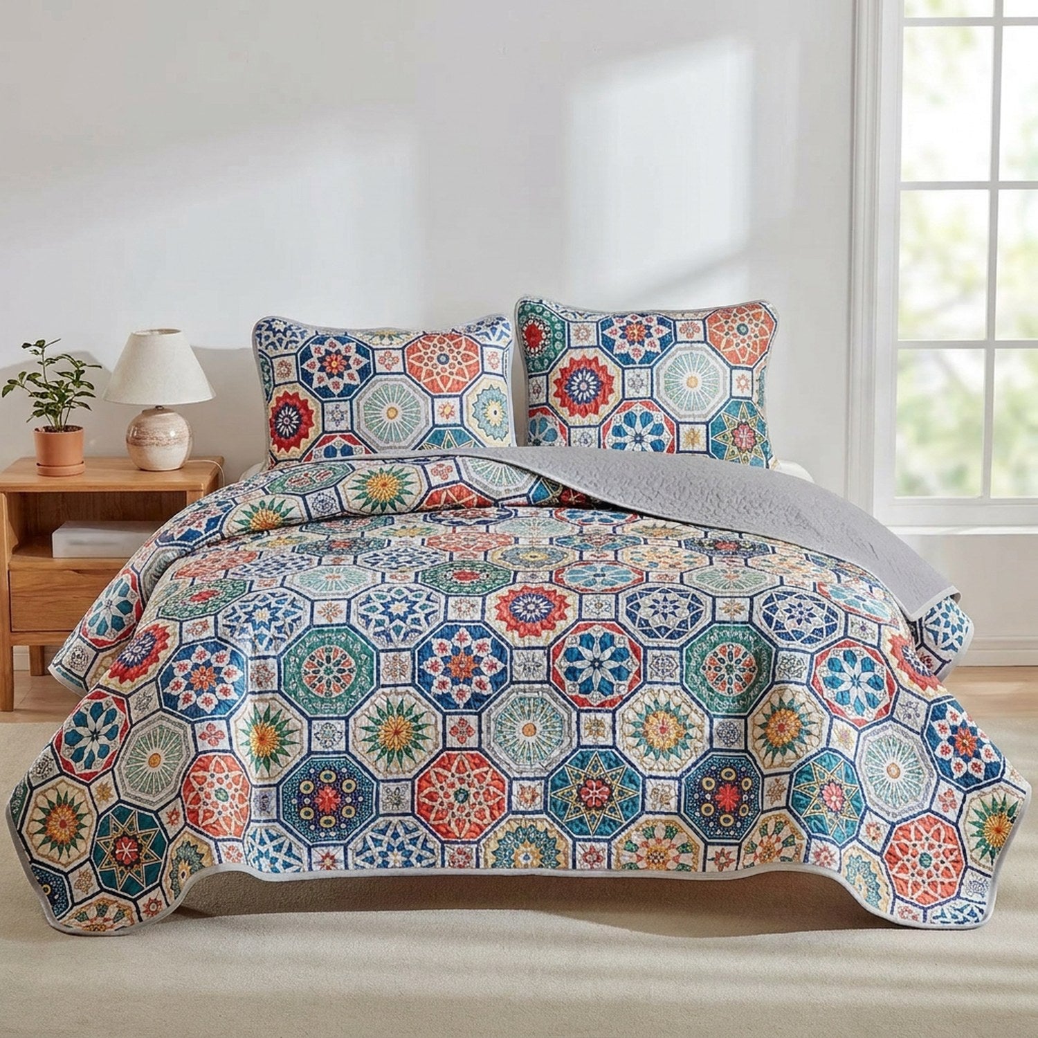 Couvre-lit matelassé motif mosaïque colorée sur un lit fait dans une chambre claire avec deux taies assorties