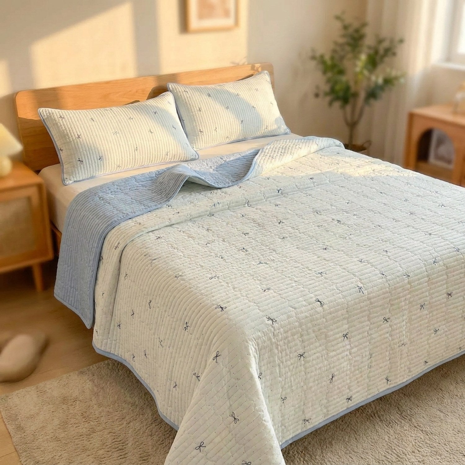 Couvre-lit matelassé à petits nœuds bleus et envers bleu sur un lit